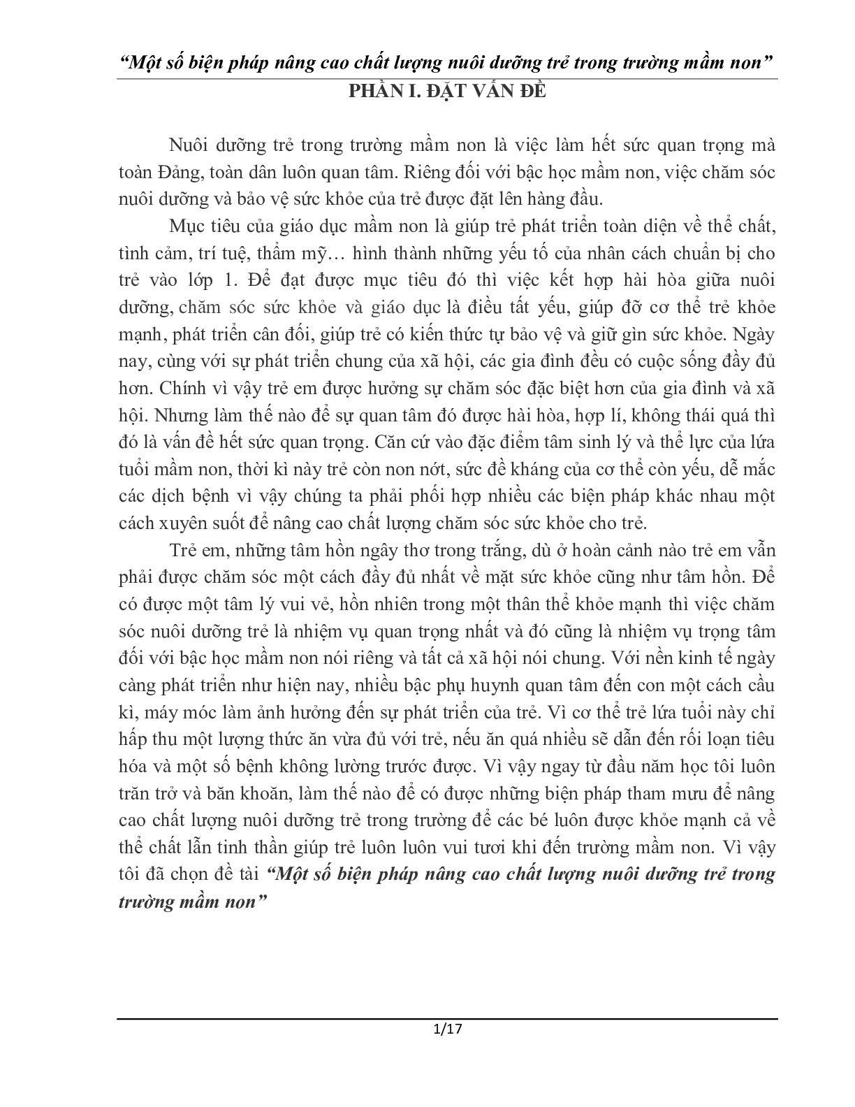 Sáng kiến kinh nghiệm: Một số biện pháp nâng cao chất lượng nuôi dưỡng trong trường mầm non (trang 1)