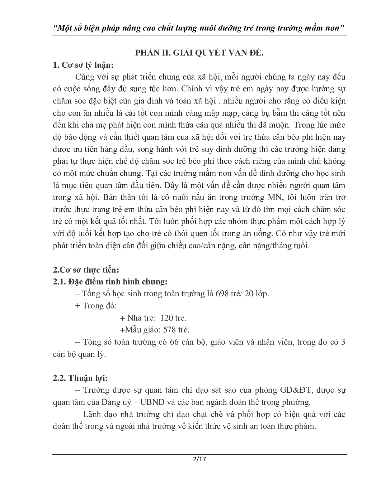 Sáng kiến kinh nghiệm: Một số biện pháp nâng cao chất lượng nuôi dưỡng trong trường mầm non (trang 2)