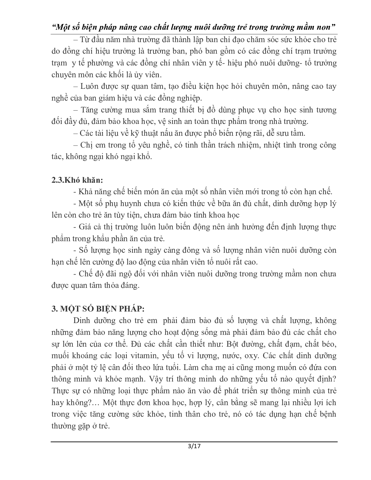 Sáng kiến kinh nghiệm: Một số biện pháp nâng cao chất lượng nuôi dưỡng trong trường mầm non (trang 3)