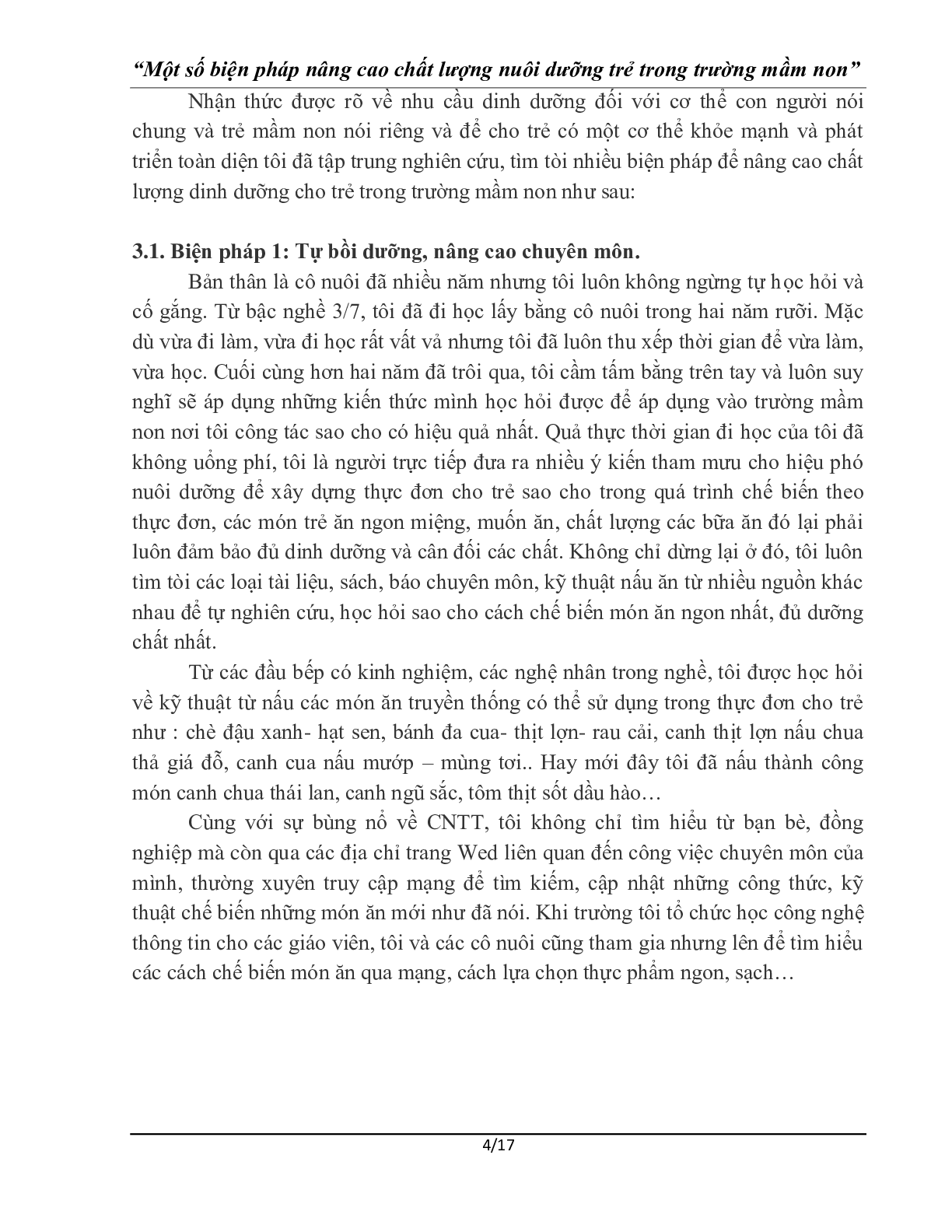 Sáng kiến kinh nghiệm: Một số biện pháp nâng cao chất lượng nuôi dưỡng trong trường mầm non (trang 4)