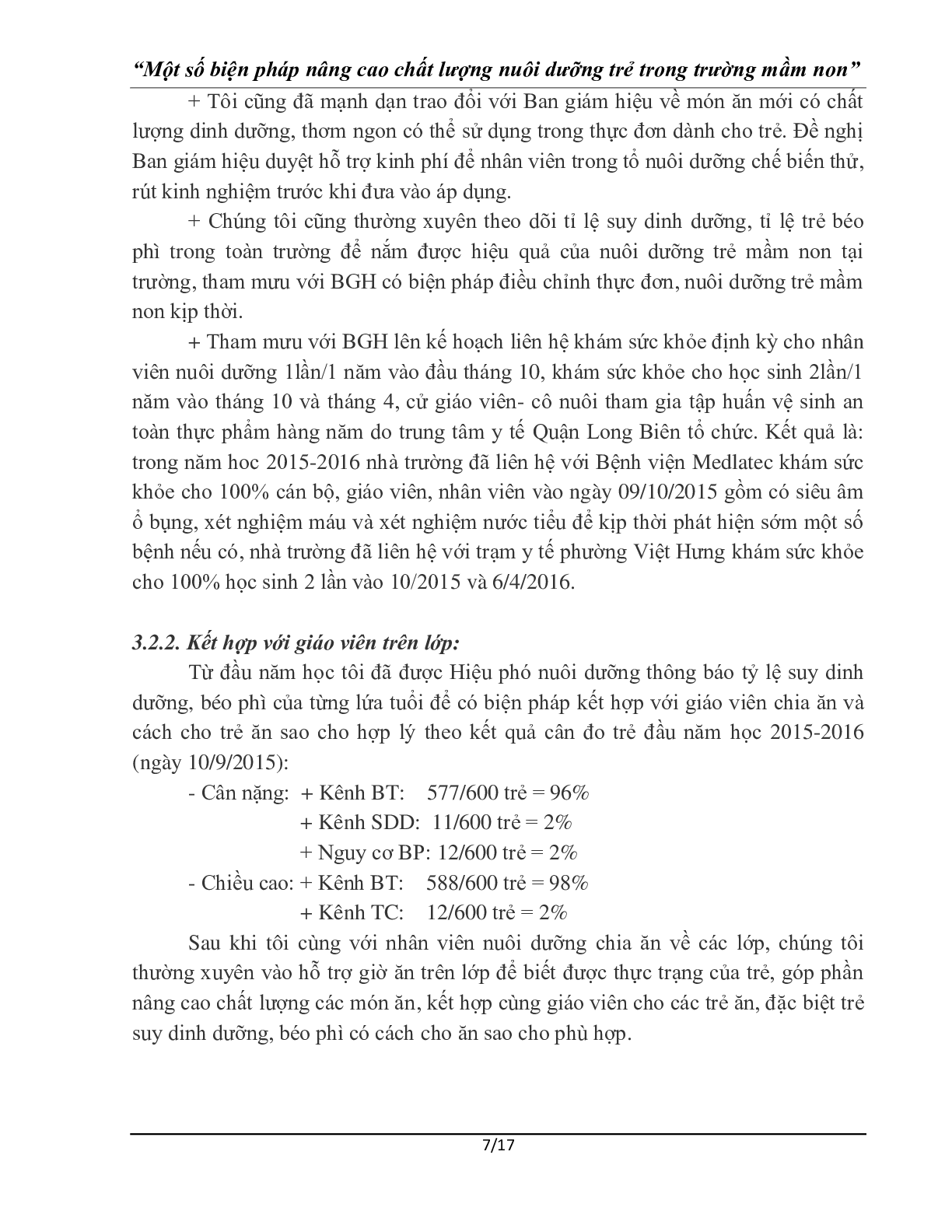 Sáng kiến kinh nghiệm: Một số biện pháp nâng cao chất lượng nuôi dưỡng trong trường mầm non (trang 7)