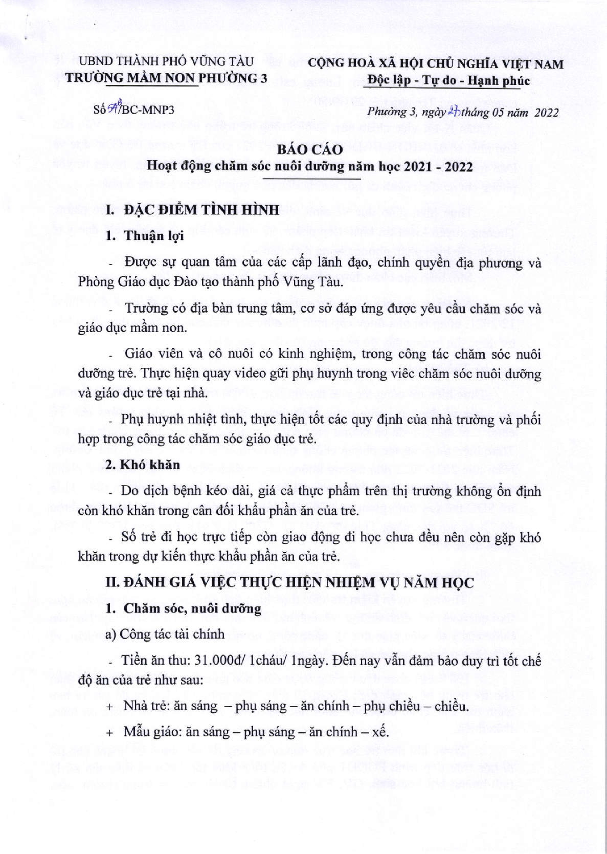 Báo cáo hoạt động chăm sóc nuôi dưỡng trẻ mầm non (2021-2022) (trang 1)
