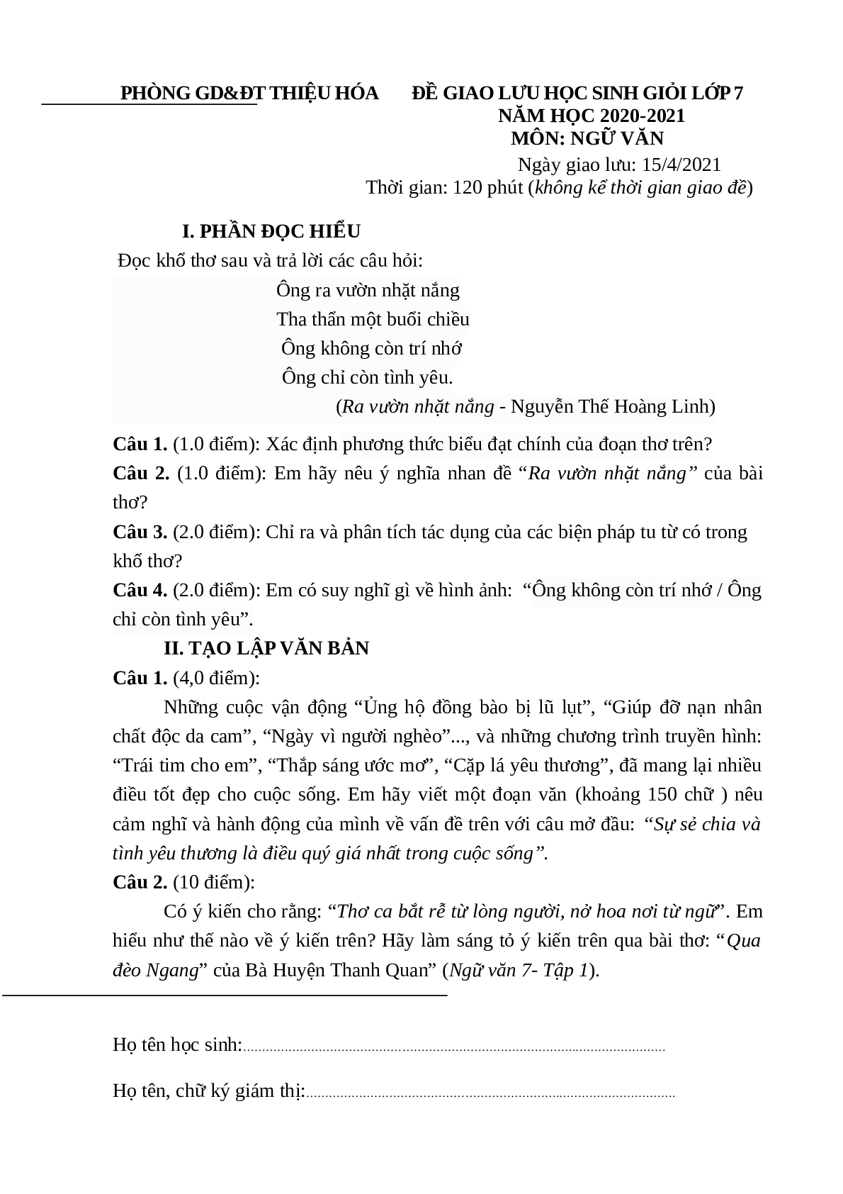 TOP đề thi HSG lớp 7 môn Ngữ Văn (có đáp án) (trang 1)