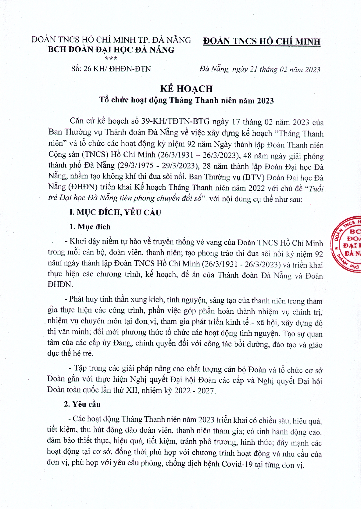 Mẫu báo cáo "Tổ chức hoạt động các hoạt động Tháng thanh niên" (2023) (trang 1)