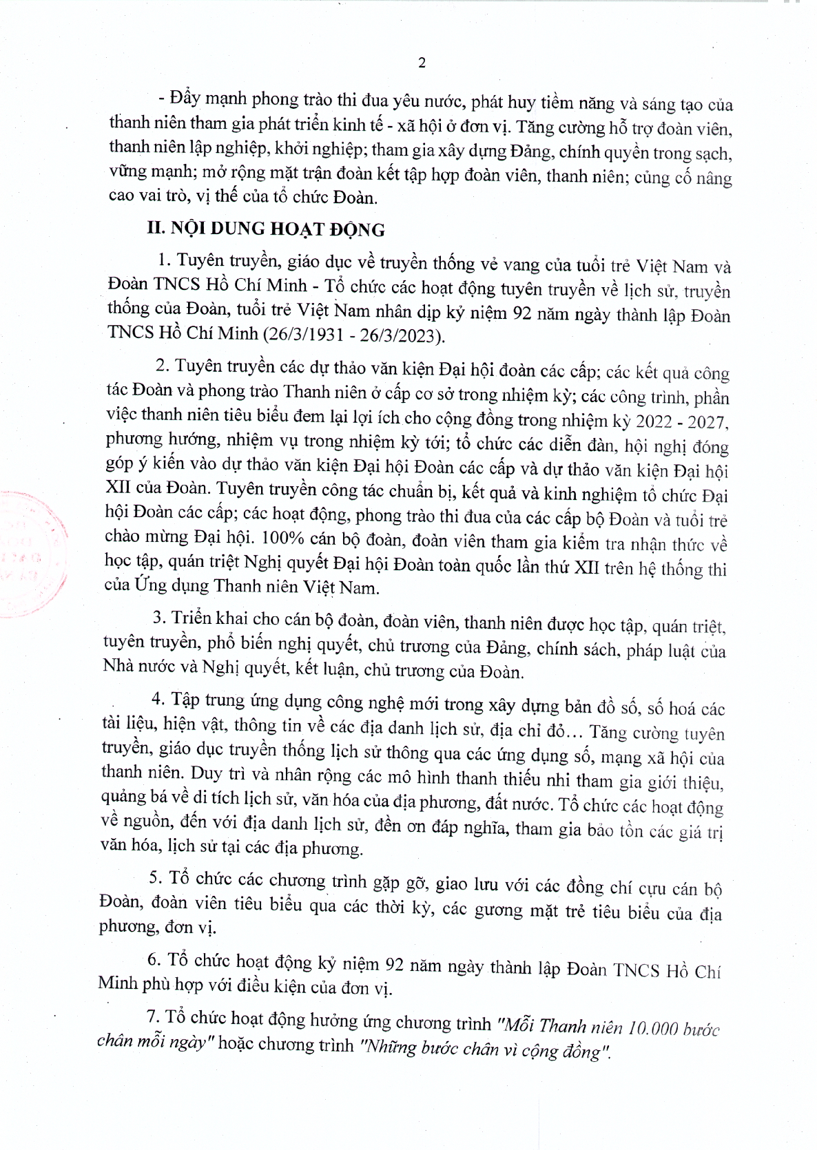 Mẫu báo cáo "Tổ chức hoạt động các hoạt động Tháng thanh niên" (2023) (trang 2)