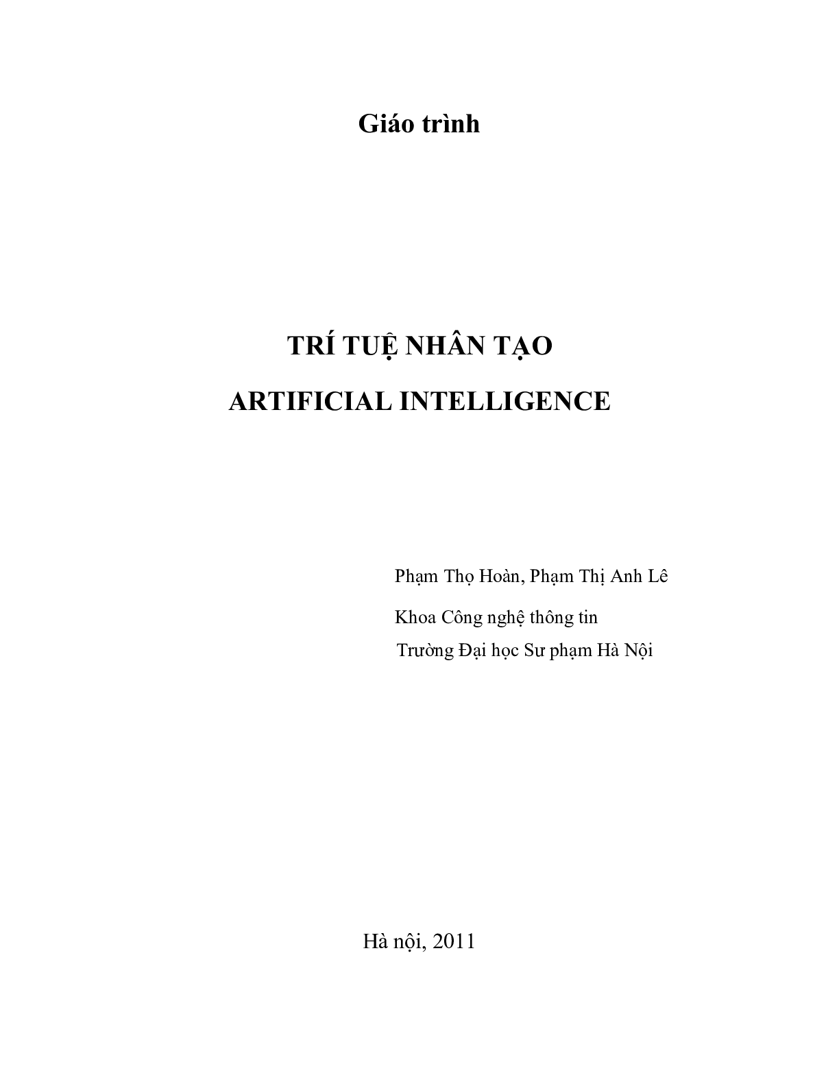 Giáo trình môn Nhập môn Trí tuệ nhân tạo | Đại học Sư Phạm Hà Nội (trang 1)