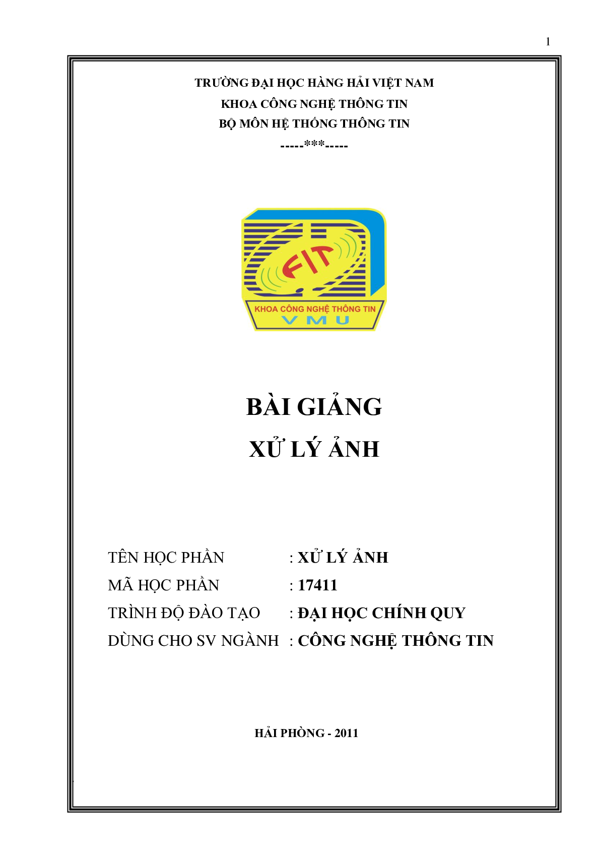 Bài giảng học phần Xử lý ảnh | Đại học Hàng Hải Việt Nam (2025) (trang 1)