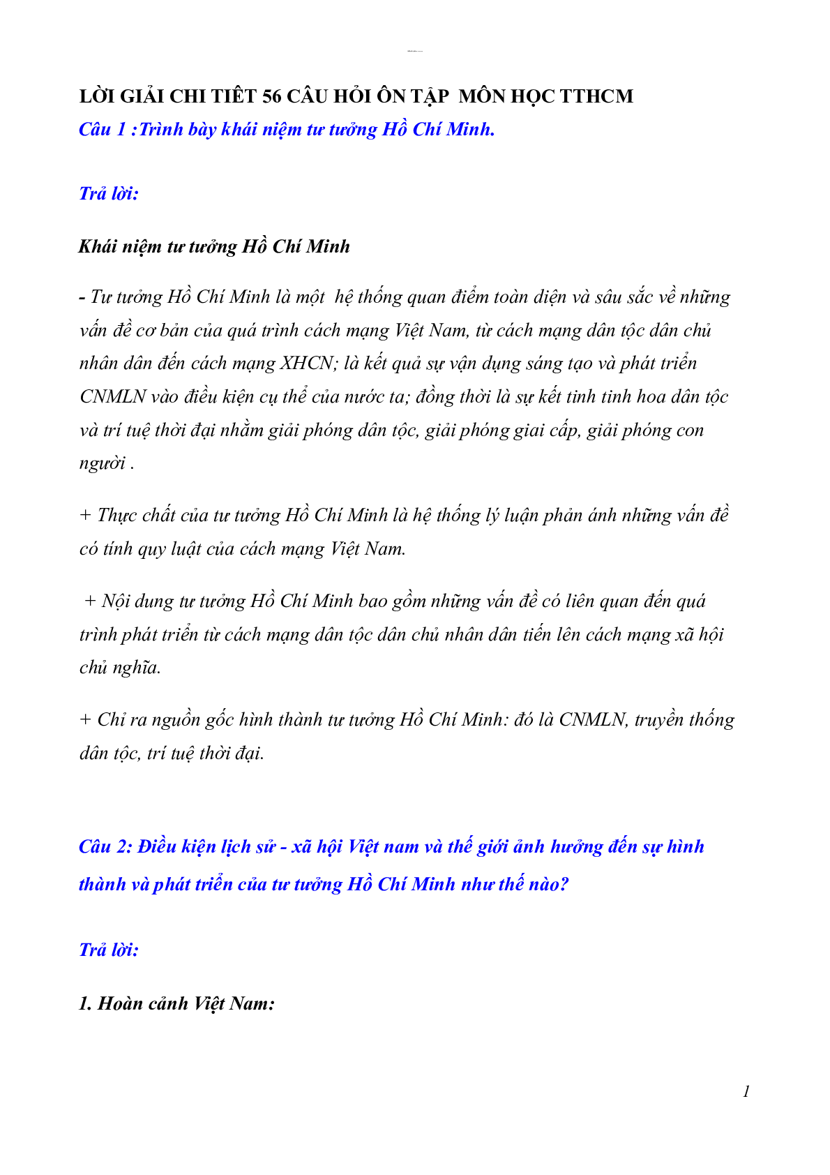 56 câu hỏi tự luận ôn tập học phần Tư tưởng Hồ Chí Minh | Đại Học Đà Nẵng (2025) (trang 1)