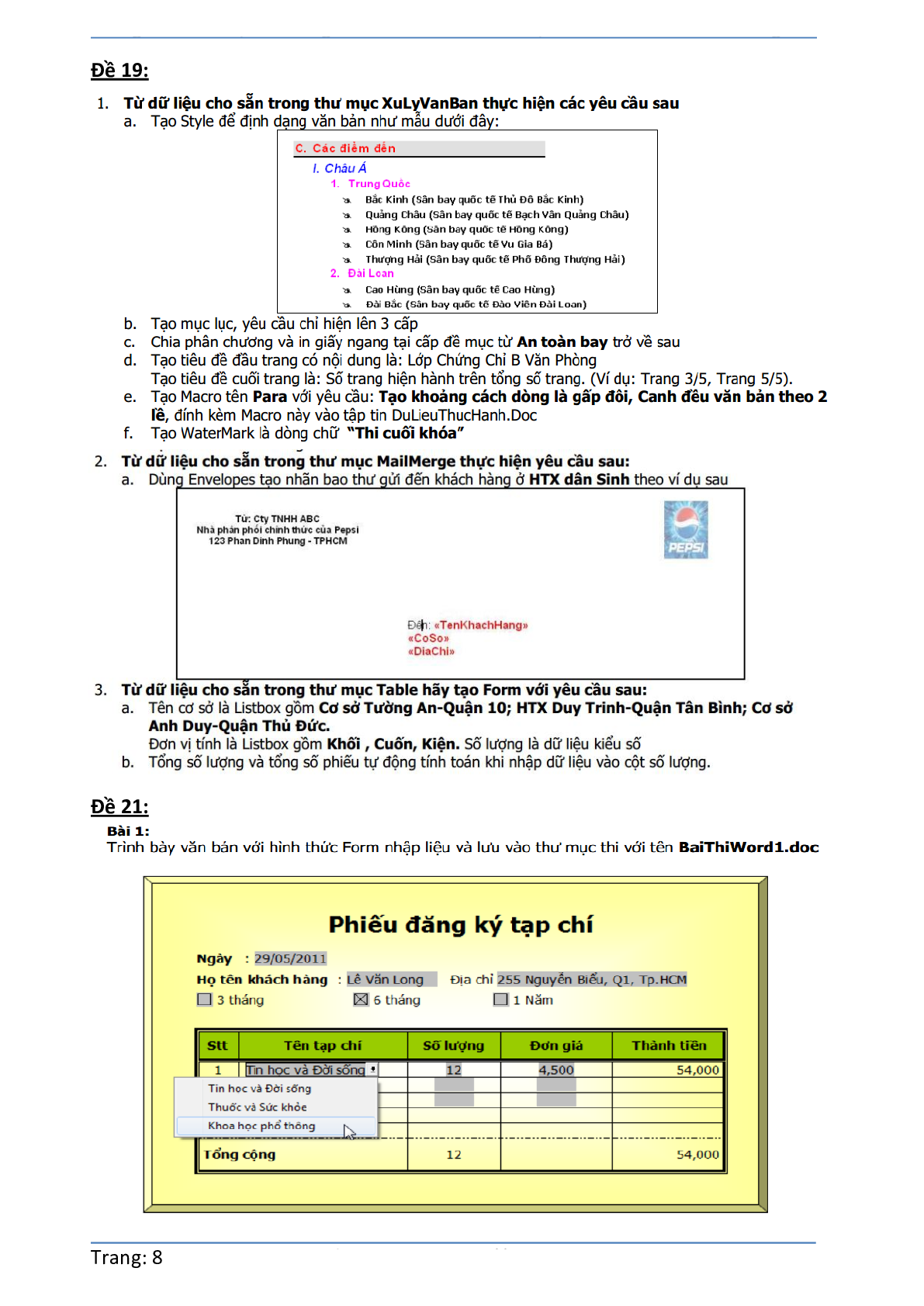 Ngân hàng bài tập Word nâng cao | Tin học đại cương (có lời giải) (trang 8)