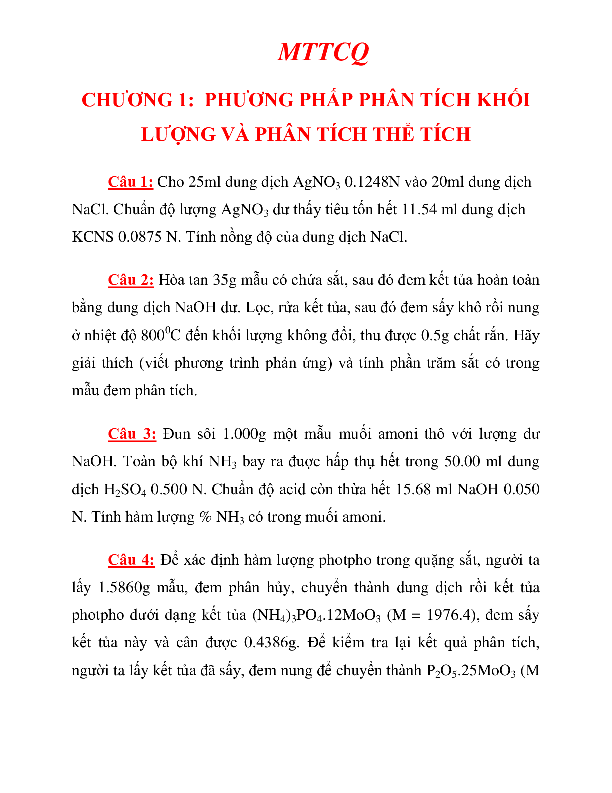 Ngân hàng bài tập HÓA PHÂN TÍCH  (có lời giải) hay, chi tiết nhất | Đại học Bách khoa (trang 1)
