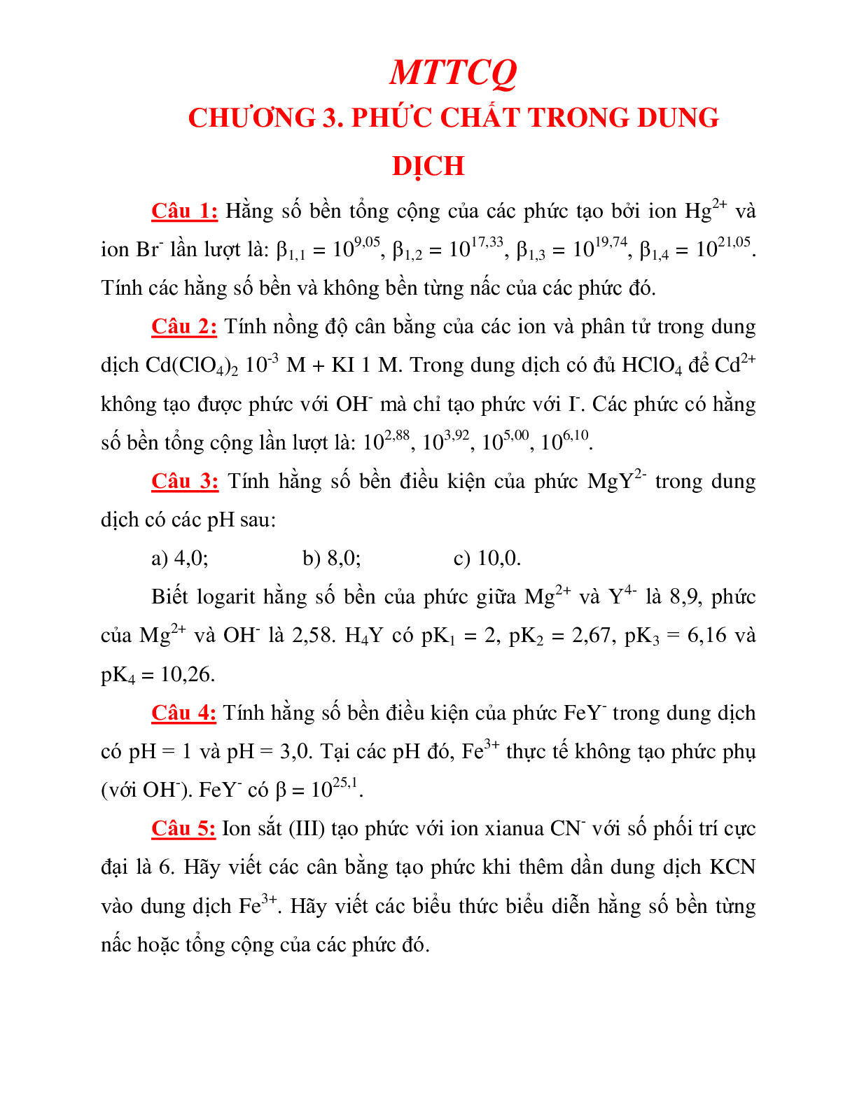 Ngân hàng bài tập HÓA PHÂN TÍCH  (có lời giải) hay, chi tiết nhất | Đại học Bách khoa (trang 7)