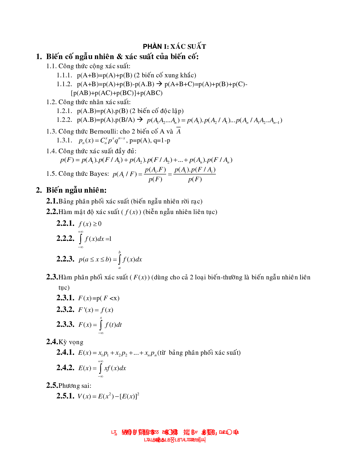 Tóm tắt công thức giải bài tập Xác suất thống kê (2023) (trang 1)