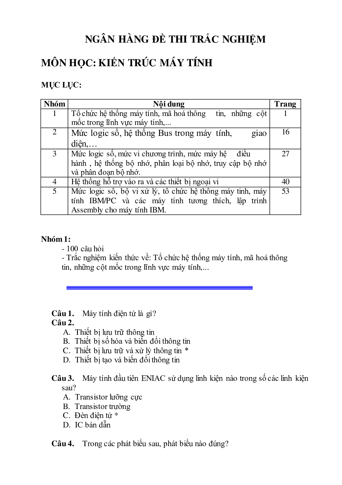 Top 500 câu hỏi trắc nghiệm Kiến trúc máy tính | PTIT, HUST (2025) (trang 1)