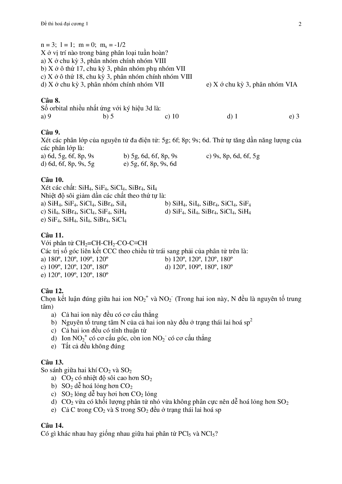 Đề thi cuối kỳ Hóa đại cương (có đáp án) | Đại học Cần Thơ (2025) (trang 2)