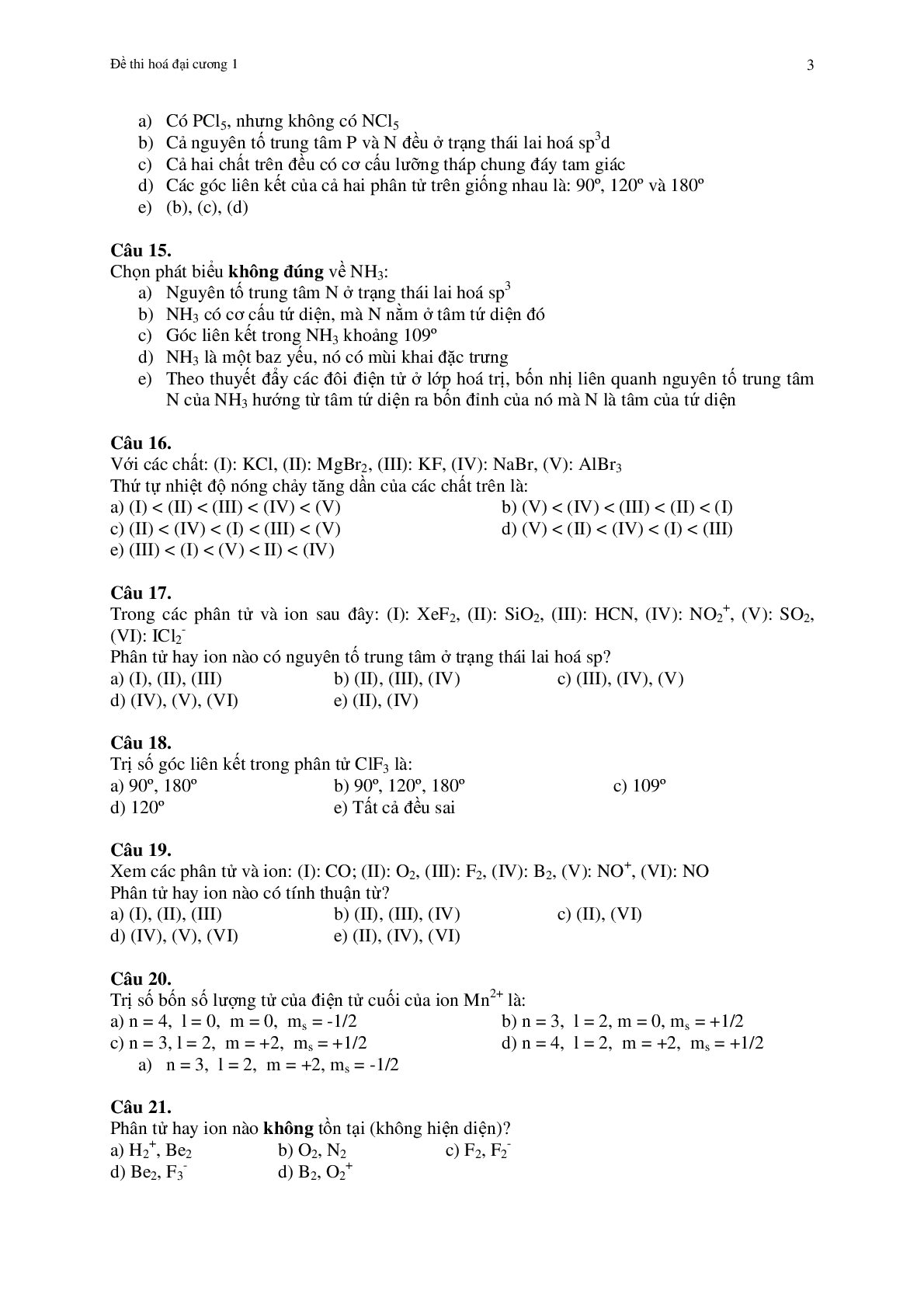 Đề thi cuối kỳ Hóa đại cương (có đáp án) | Đại học Cần Thơ (2025) (trang 3)