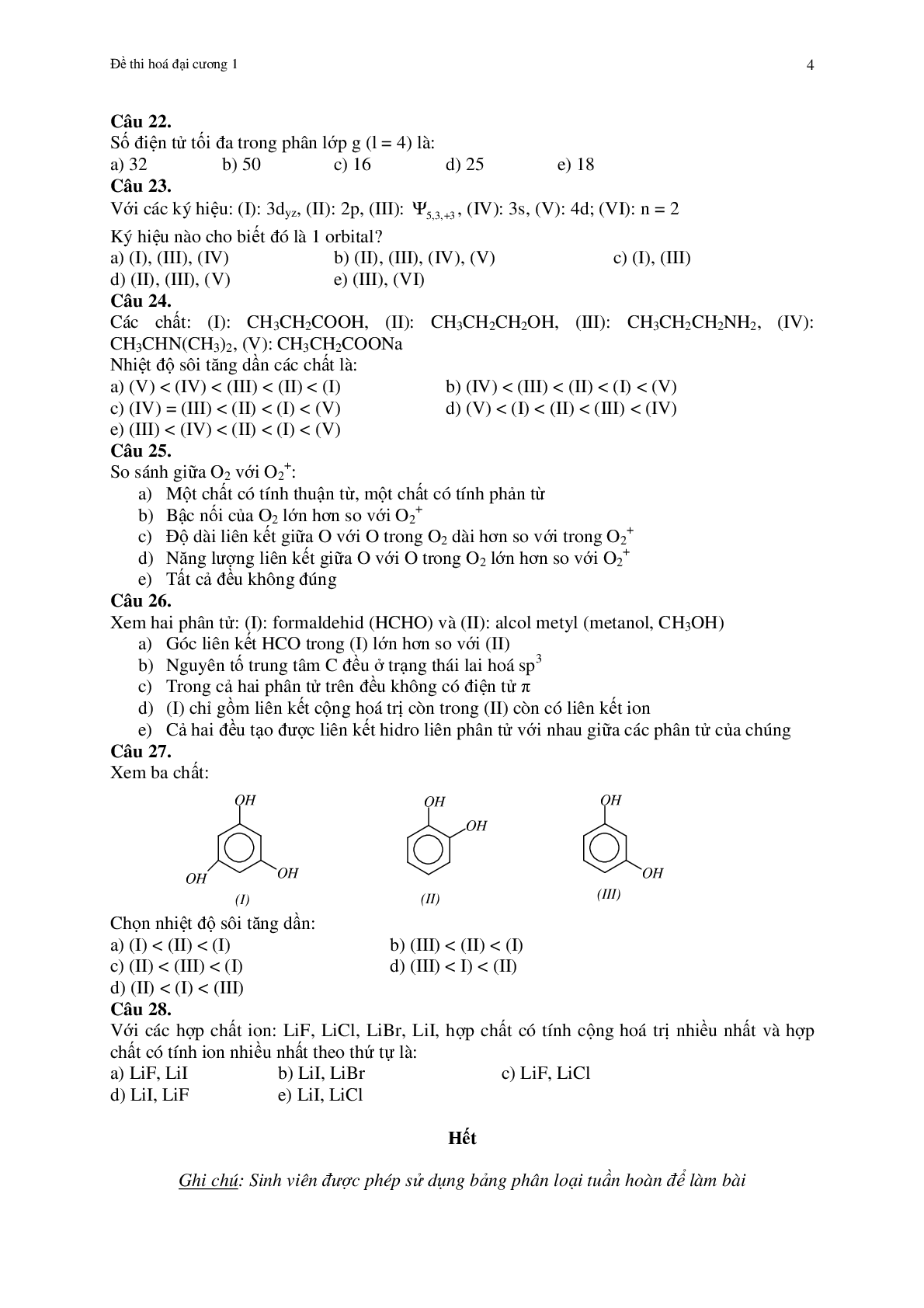 Đề thi cuối kỳ Hóa đại cương (có đáp án) | Đại học Cần Thơ (2025) (trang 4)