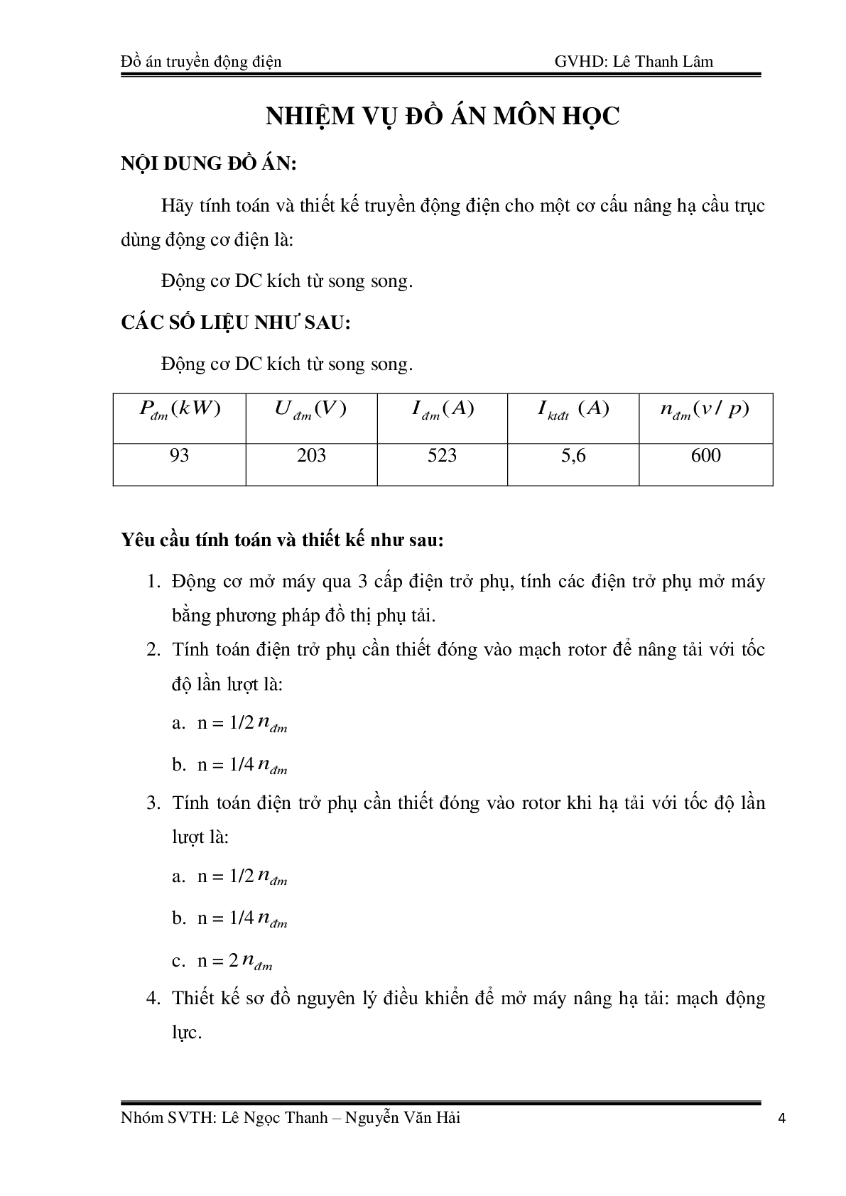Mẫu Đồ án Truyền động điện tự động: Tính toán và Thiết kế truyền động cho cơ cấu nâng hạ cầu trục | Đại học Sư phạm Kỹ thuật TP Hồ Chí Minh (2025) (trang 4)
