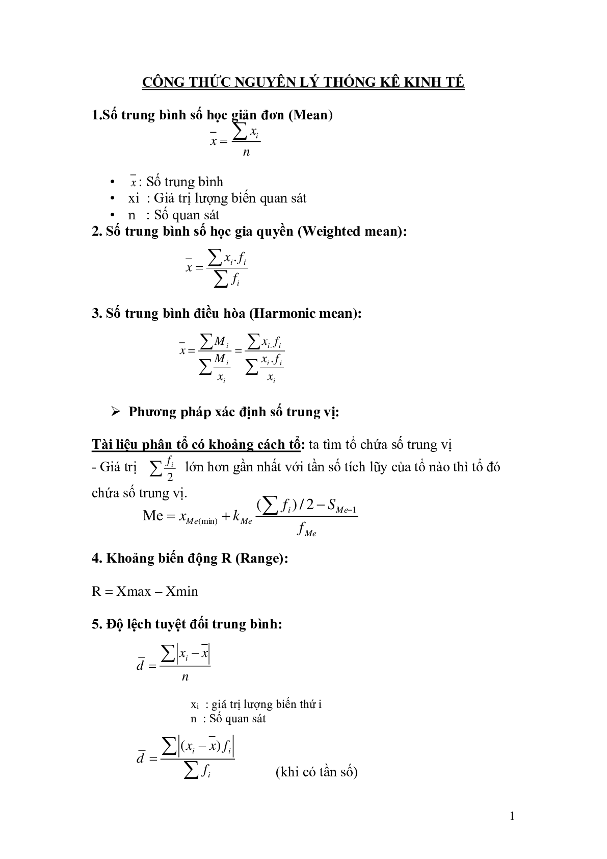 Tổng hợp Công thức môn Nguyên lý thống kê | PDF (trang 1)