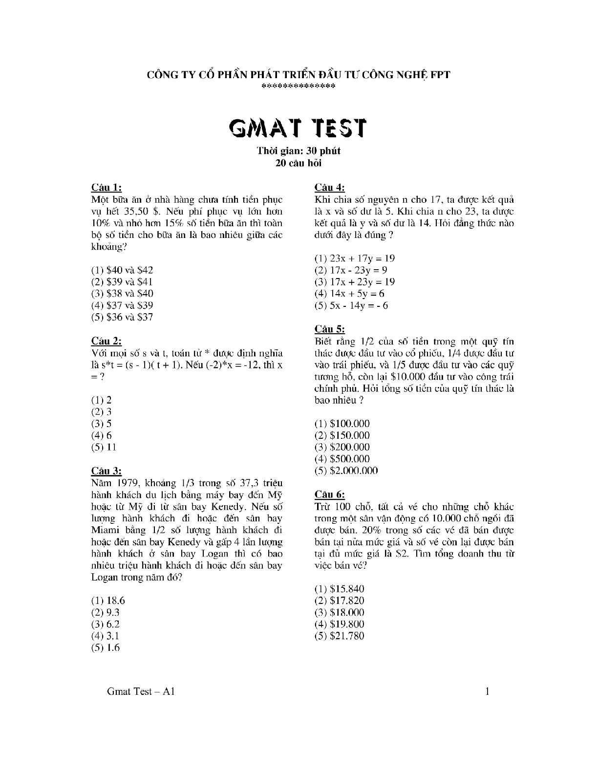 Đề thi GMAT ( có đáp án) | Đại học FPT (trang 1)