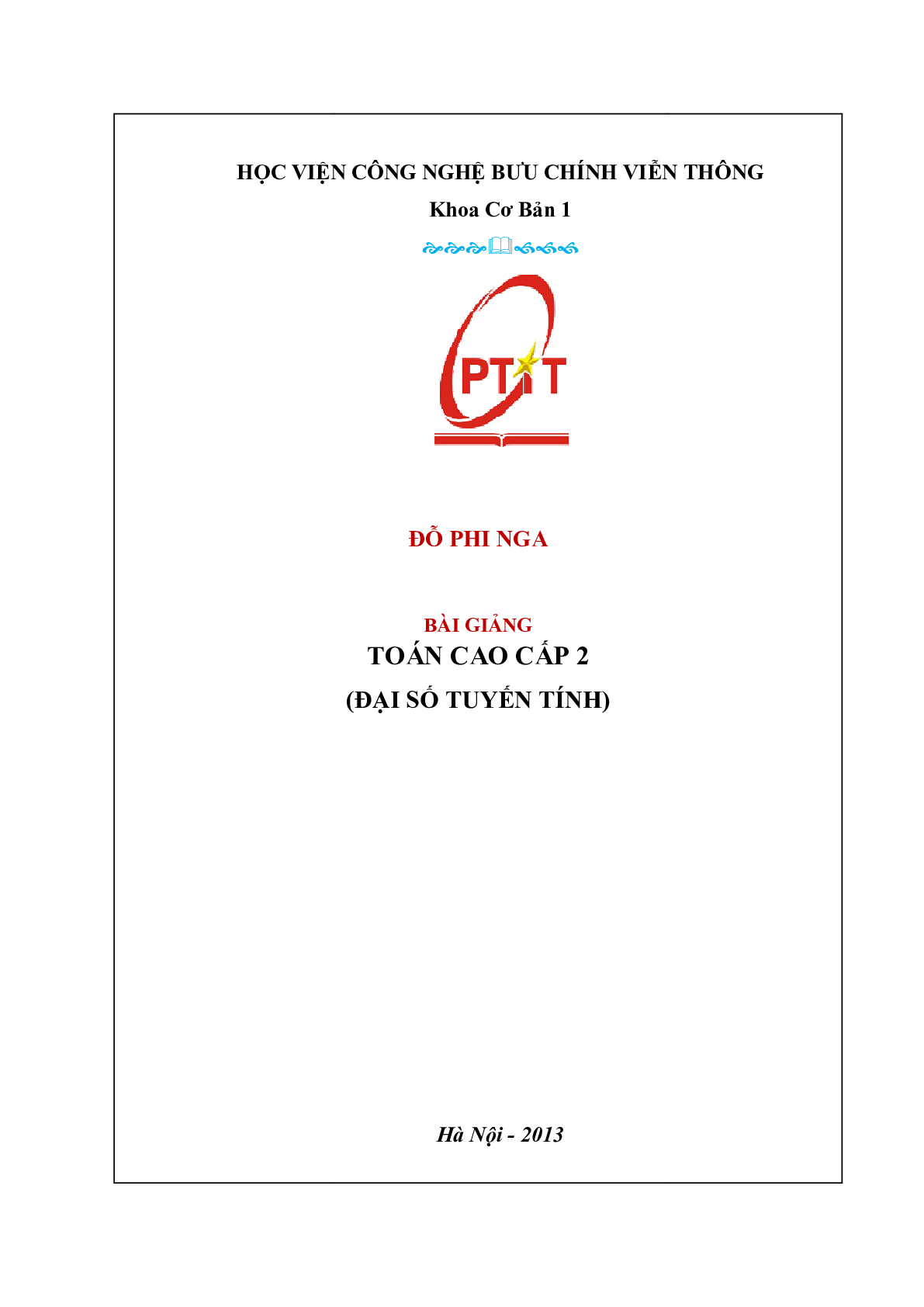 Bài giảng PPT (Power Point) học phần Toán cao cấp 2 | SLIDE | Học viện Công nghệ bưu chính viễn thông (trang 1)