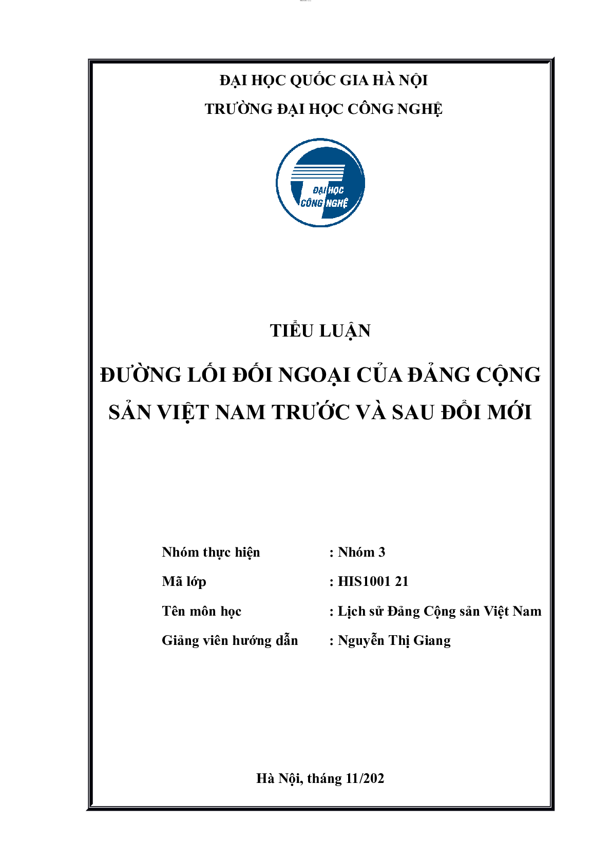 Tiểu luận Đường lối đối ngoại của Đảng trong thời kỳ đổi mới | Lịch sử đảng | Trường Đại học Công Nghệ (trang 1)