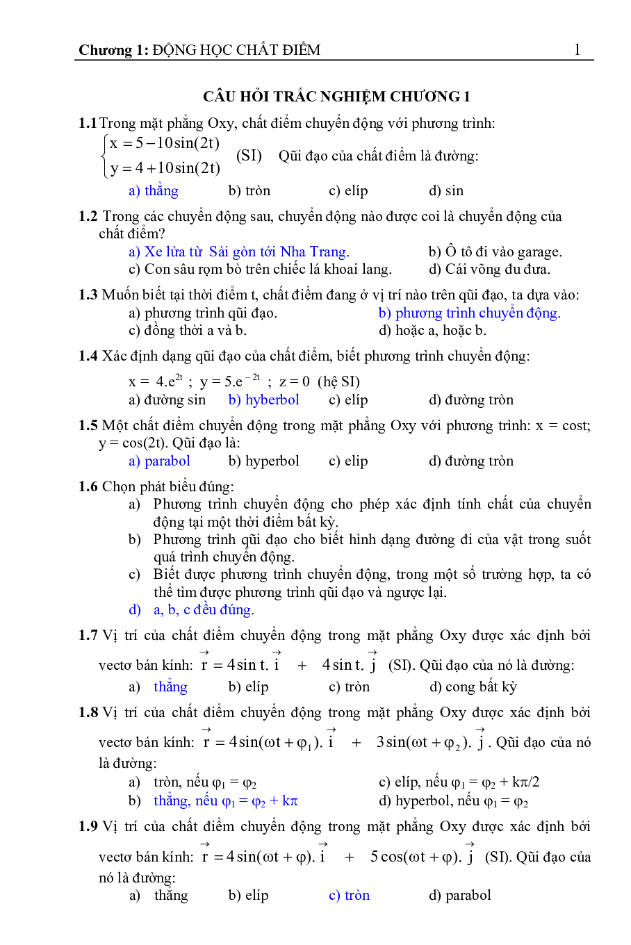 TOP 300 câu hỏi trắc nghiệm Vật lý đại cương 1 (có đáp án) | Trường Đại học Bách Khoa Thành phố Hồ Chí Minh (trang 2)