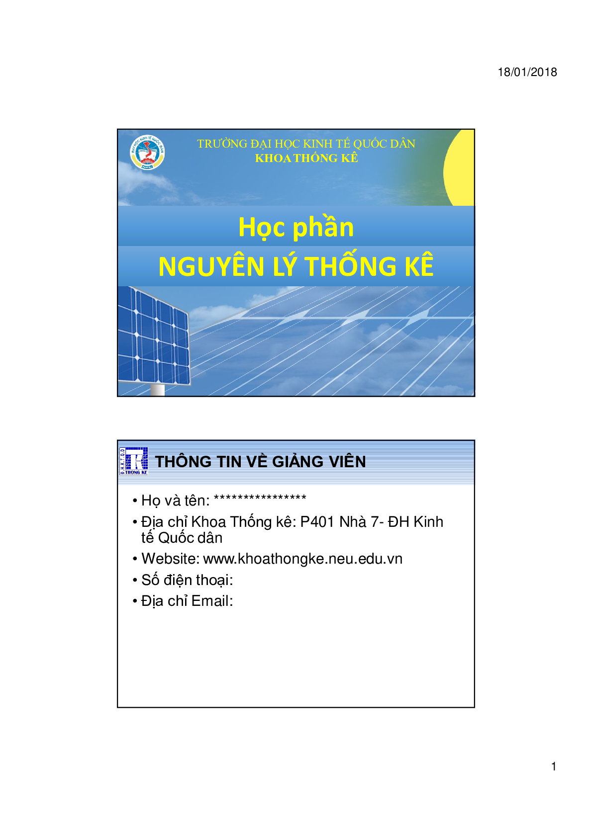 Bài giảng PPT ( Power Point) học phần Nguyên lý thống kê | SLIDE | NEU (trang 1)