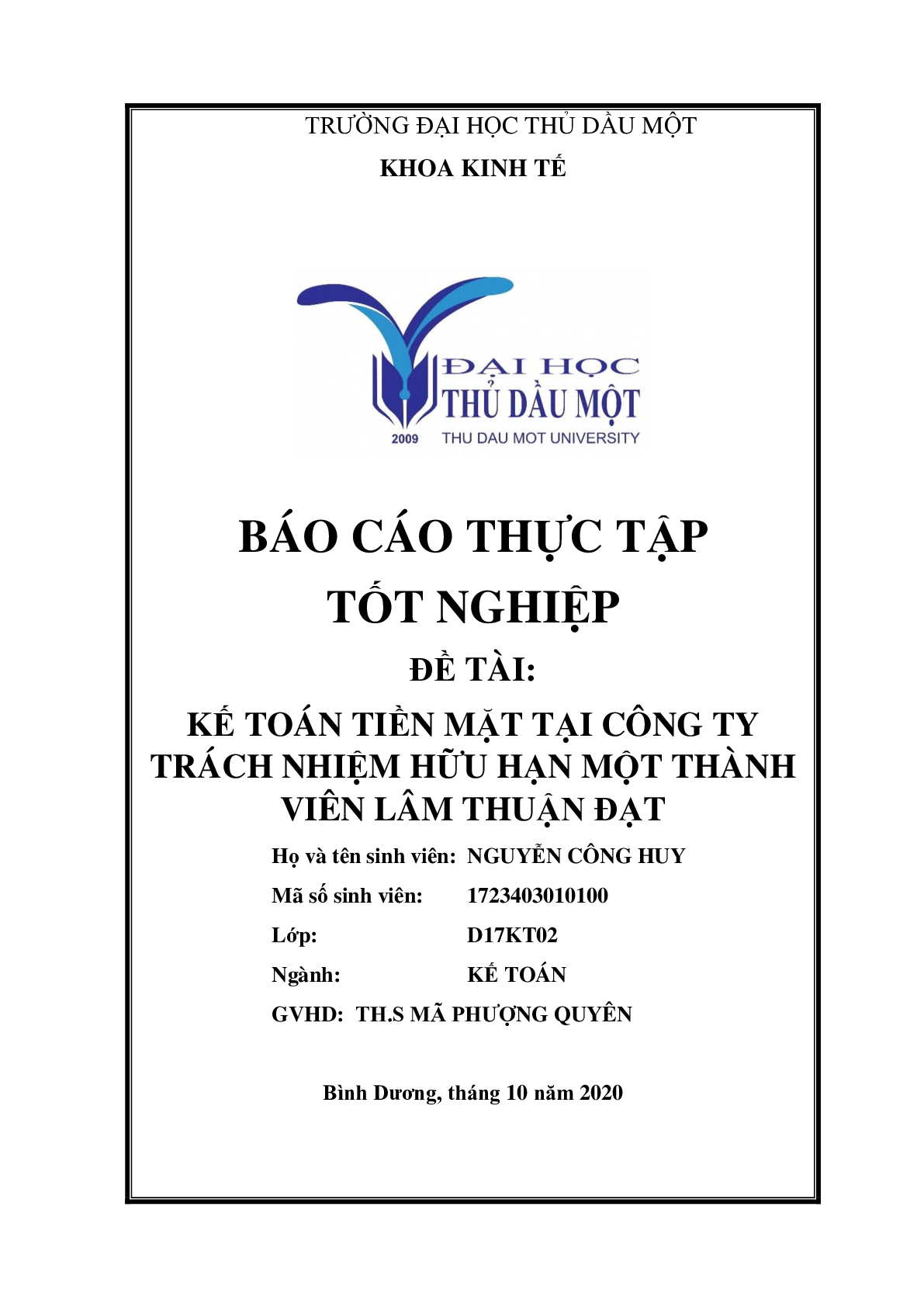 Mẫu Báo cáo thực tập kế toán tiền mặt | Trường Đại học Thủ Dầu Một (trang 1)