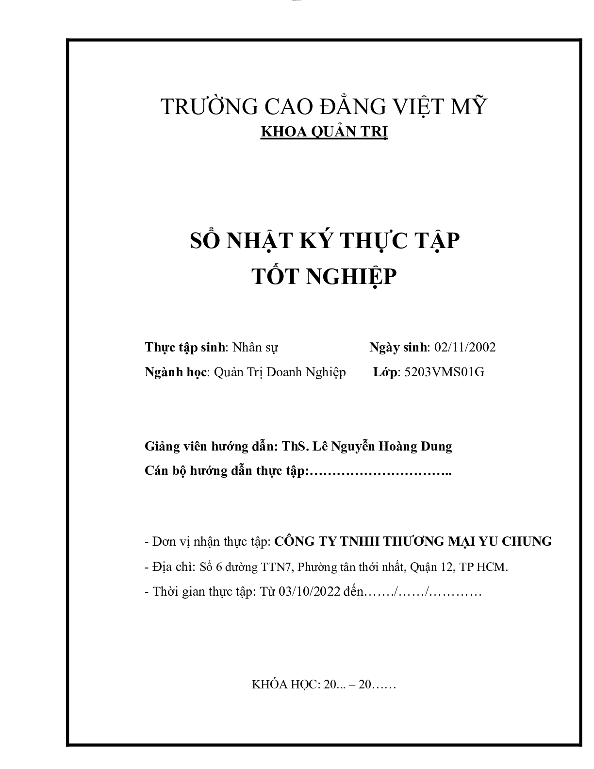 Mẫu Báo cáo thực tập nhân sự | Trường cao đẳng Việt Mỹ (trang 2)