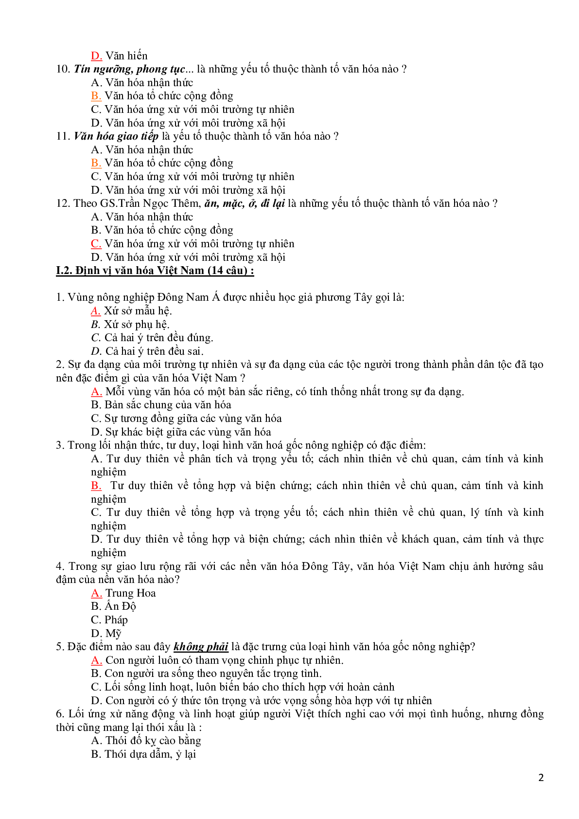 Ngân hàng câu hỏi trắc nghiệm môn Cơ sở văn hóa Việt Nam (có đáp án) hay, hấp dẫn nhất (trang 2)