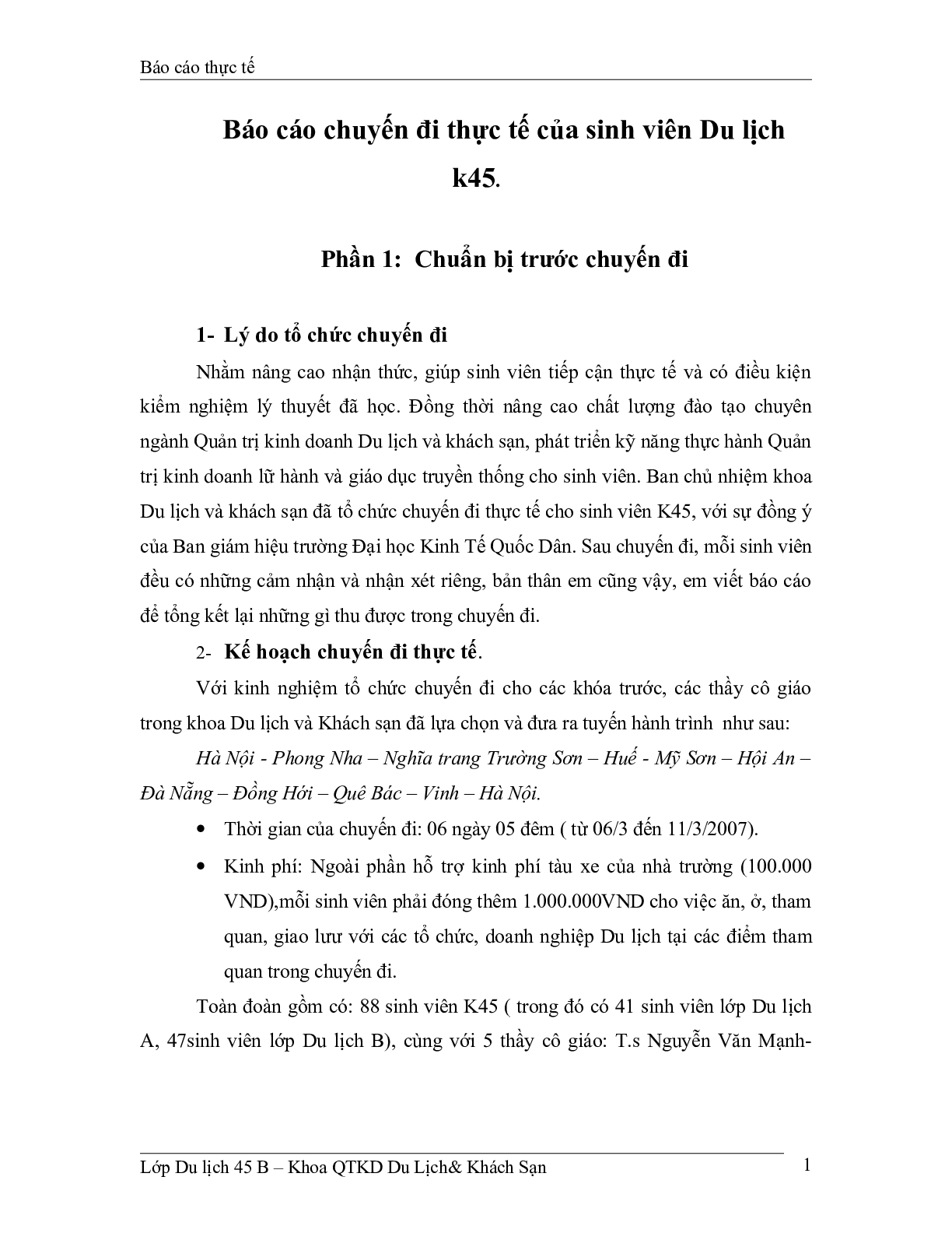 Báo cáo chuyến đi thực tế của sinh viên du lịch | Trường Đại học Kinh Tế Quốc Dân (trang 1)