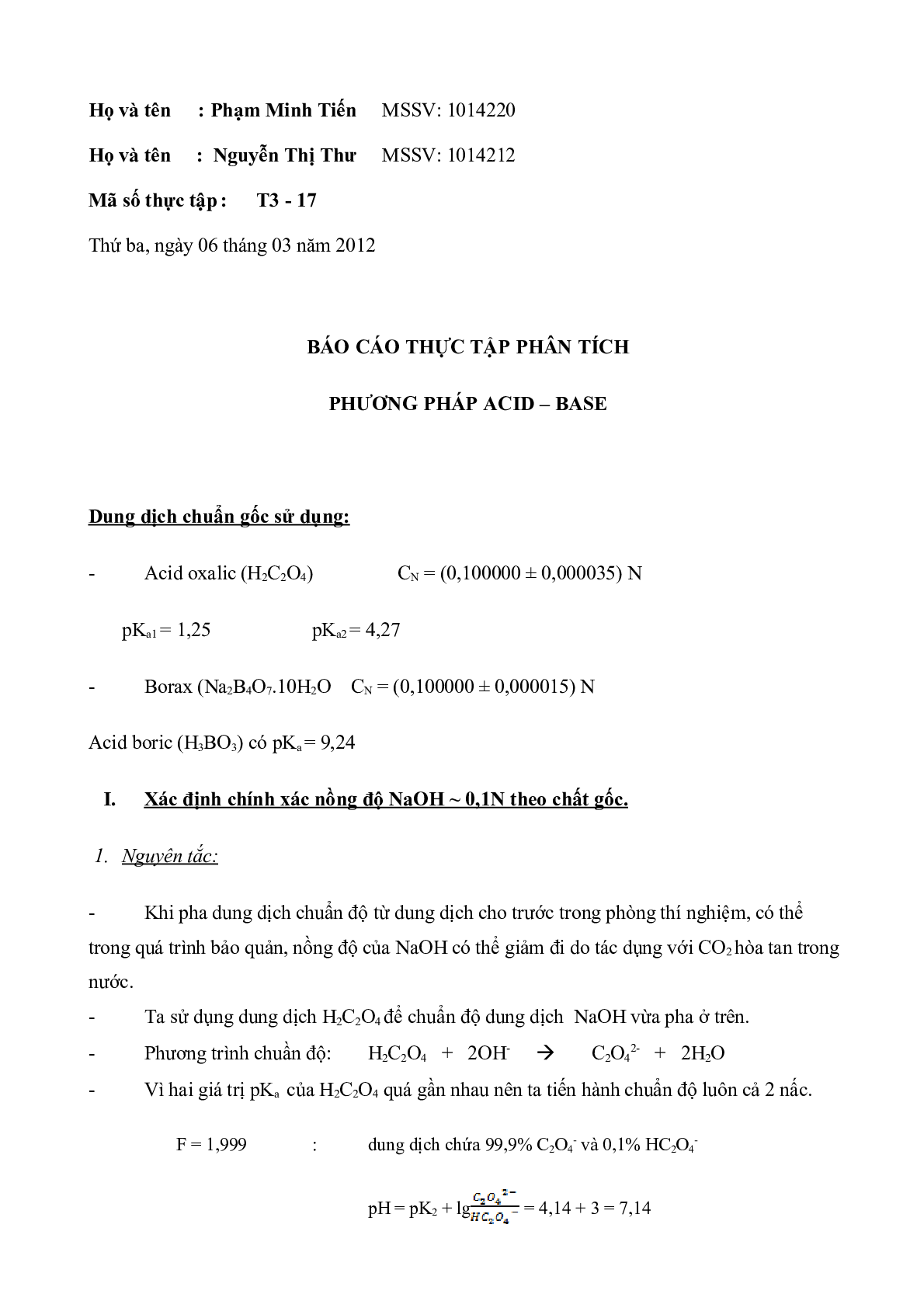 Báo cáo thực hành chuẩn độ Axit - Bazơ | Hóa phân tích (trang 1)