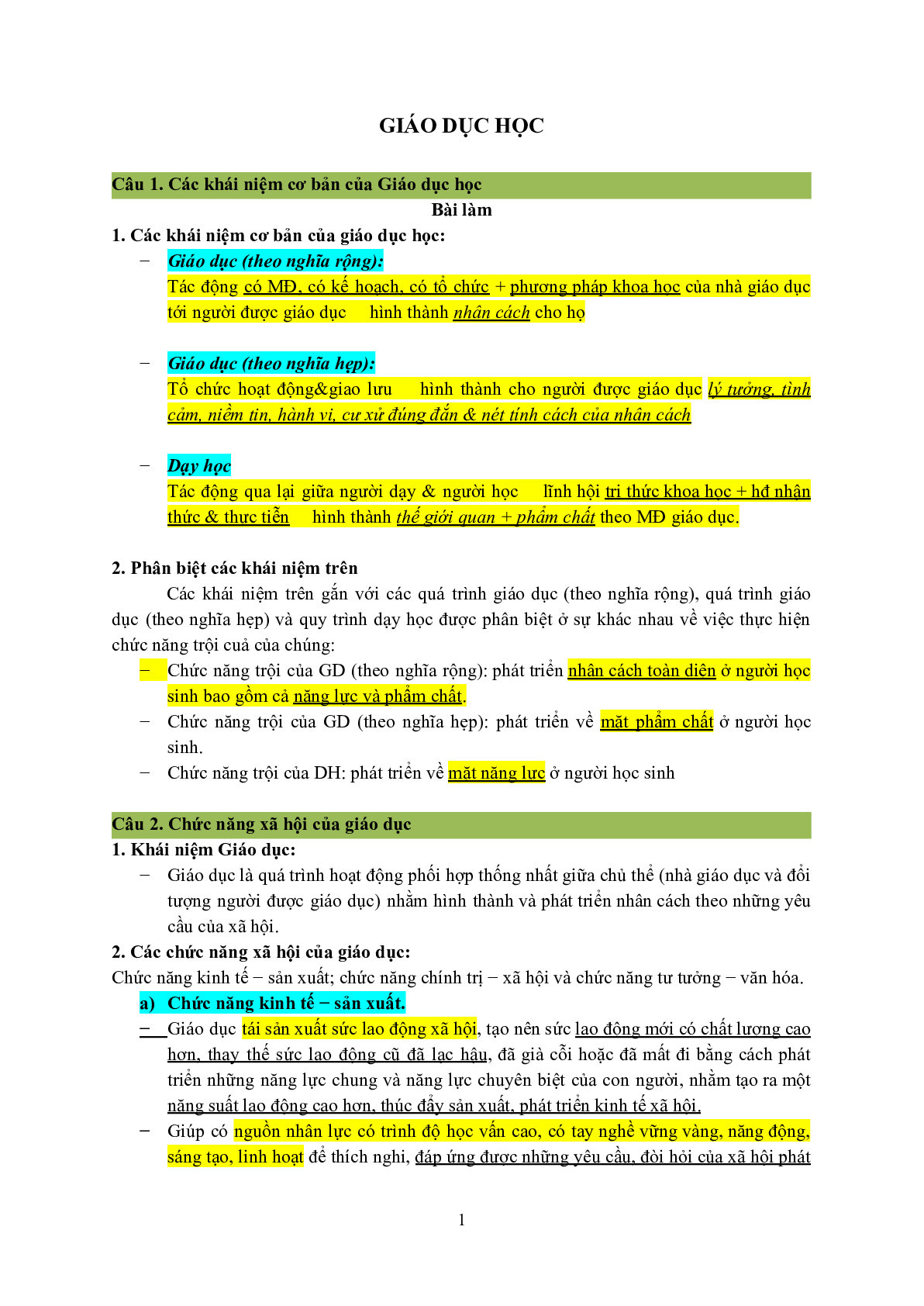 TOP 8 câu hỏi ôn tập học phần: Giáo dục học (trang 1)