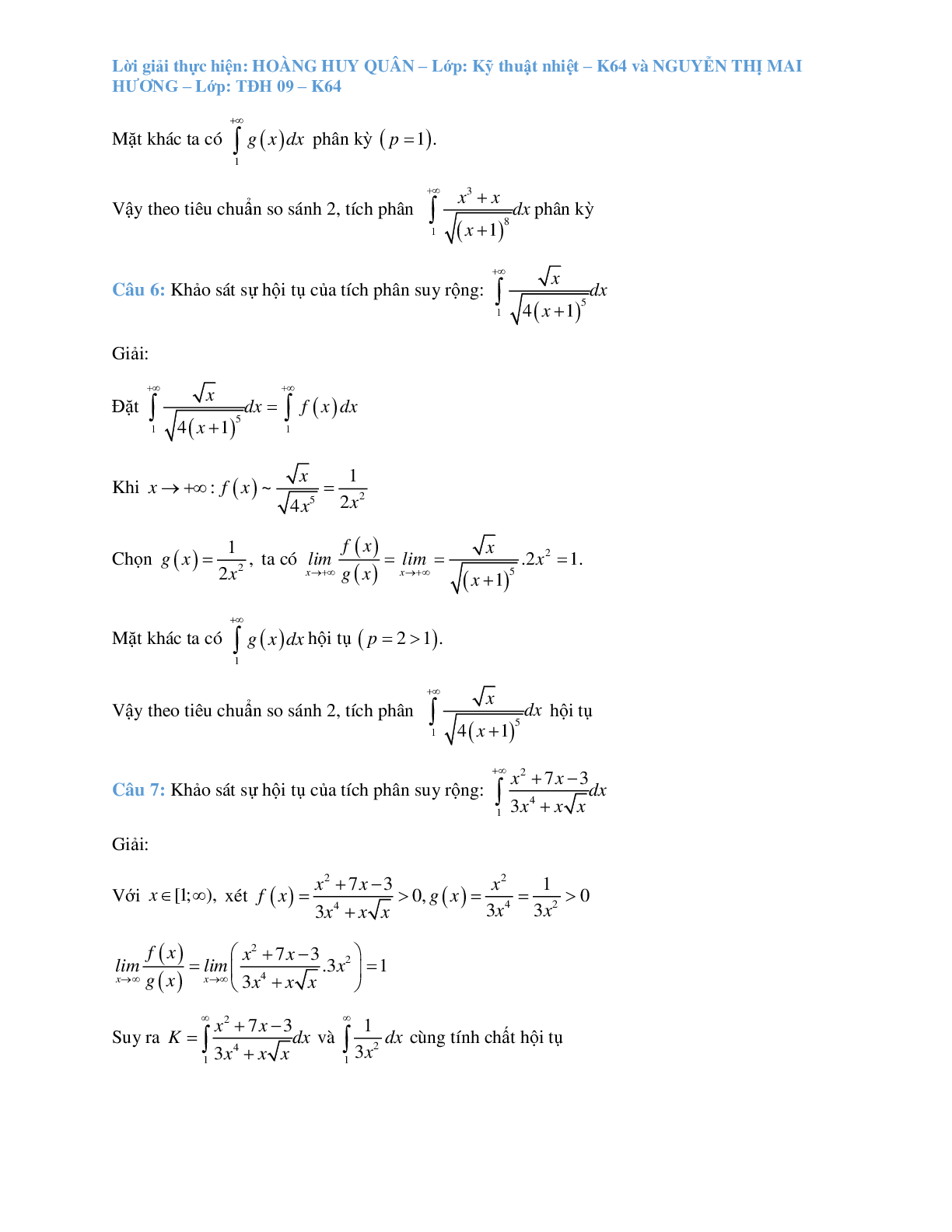 Ngân hàng bài tập Tích phân suy rộng (có đáp án) | Giải tích 1 | Đại học Bách Khoa Hà Nội (trang 3)