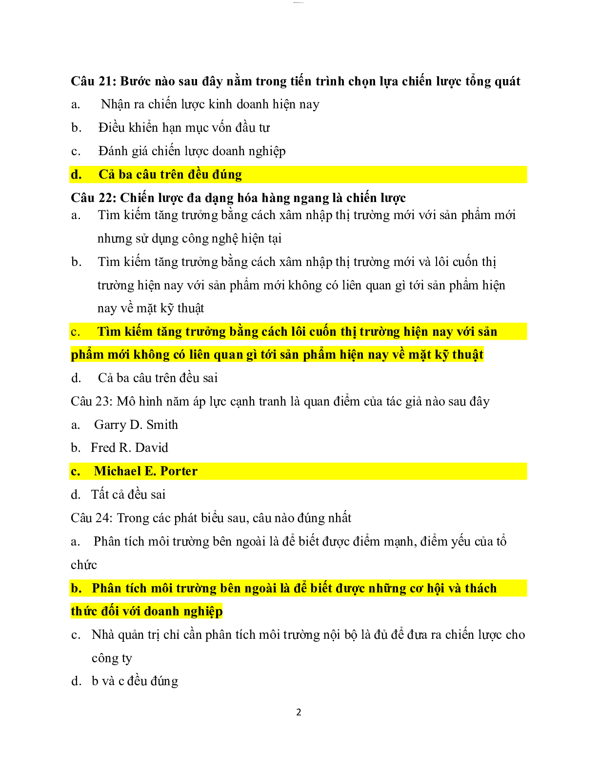 Ngân hàng câu hỏi trắc nghiệm Quản trị chiến lược (có đáp án) Trường Đại học Tài Chính - Marketing (trang 1)