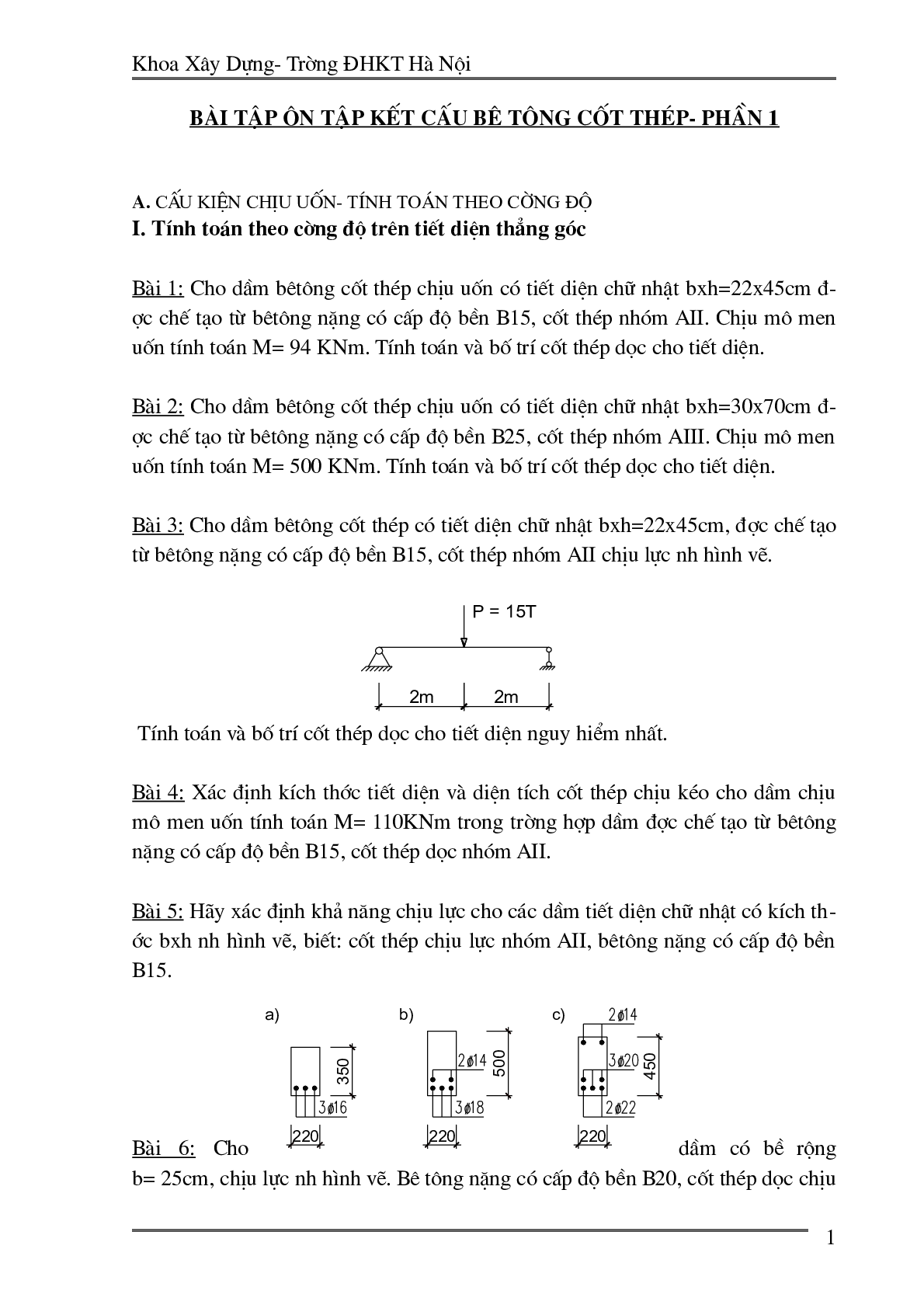 Ngân hàng bài tập môn Kết cấu bê tông cốt thép hay, hấp dẫn nhất | Trường Đại học Kiến Trúc Hà Nội (trang 1)