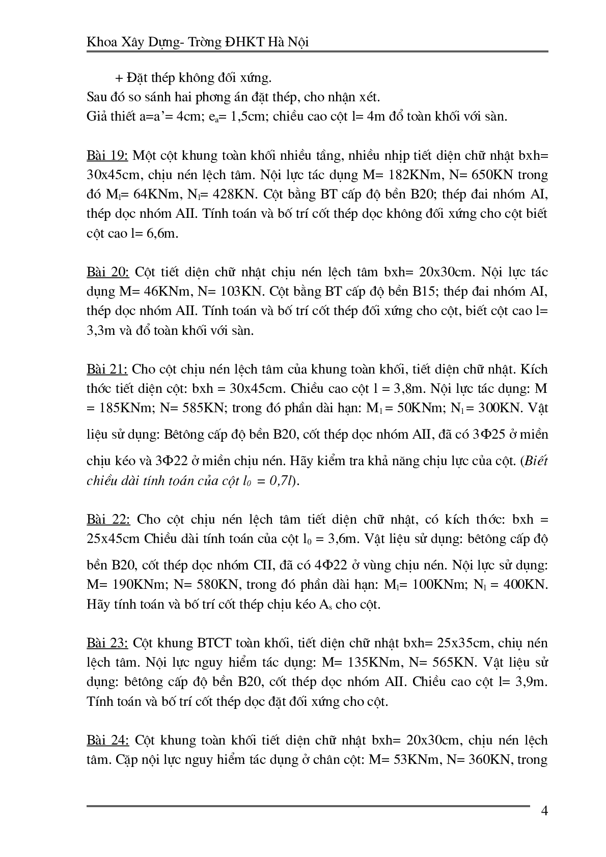 Ngân hàng bài tập môn Kết cấu bê tông cốt thép hay, hấp dẫn nhất | Trường Đại học Kiến Trúc Hà Nội (trang 4)