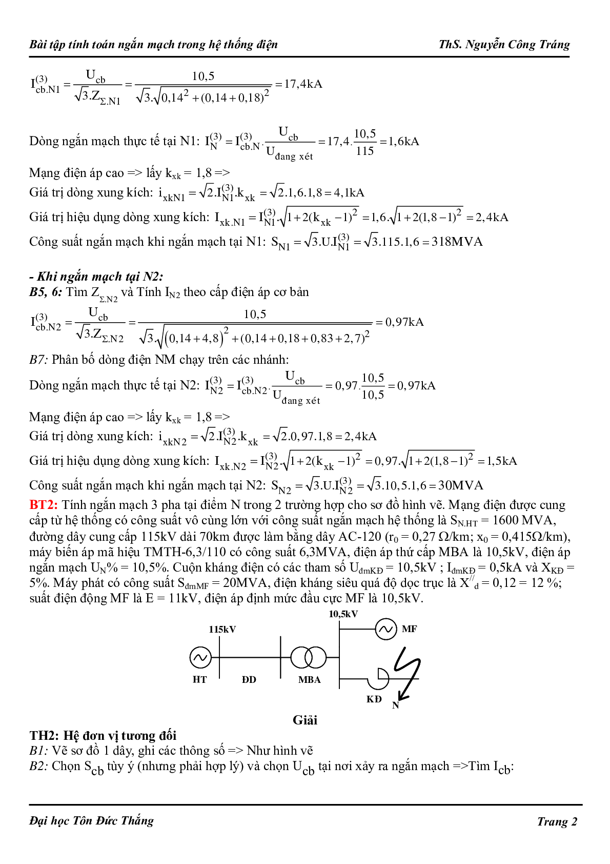 Ngân hàng bài tập Tính toán ngắn mạch trong hệ thống điện (có lời giải) hay, hấp dẫn nhất (trang 2)