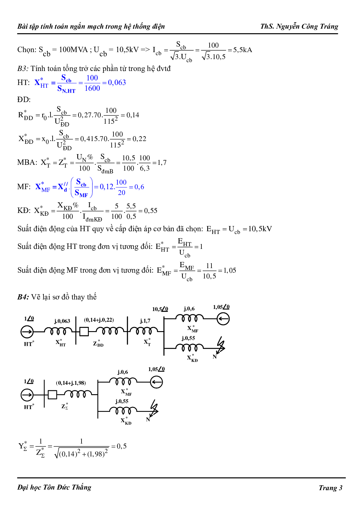 Ngân hàng bài tập Tính toán ngắn mạch trong hệ thống điện (có lời giải) hay, hấp dẫn nhất (trang 3)