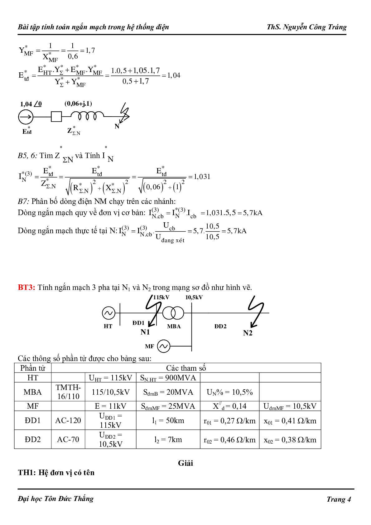Ngân hàng bài tập Tính toán ngắn mạch trong hệ thống điện (có lời giải) hay, hấp dẫn nhất (trang 4)
