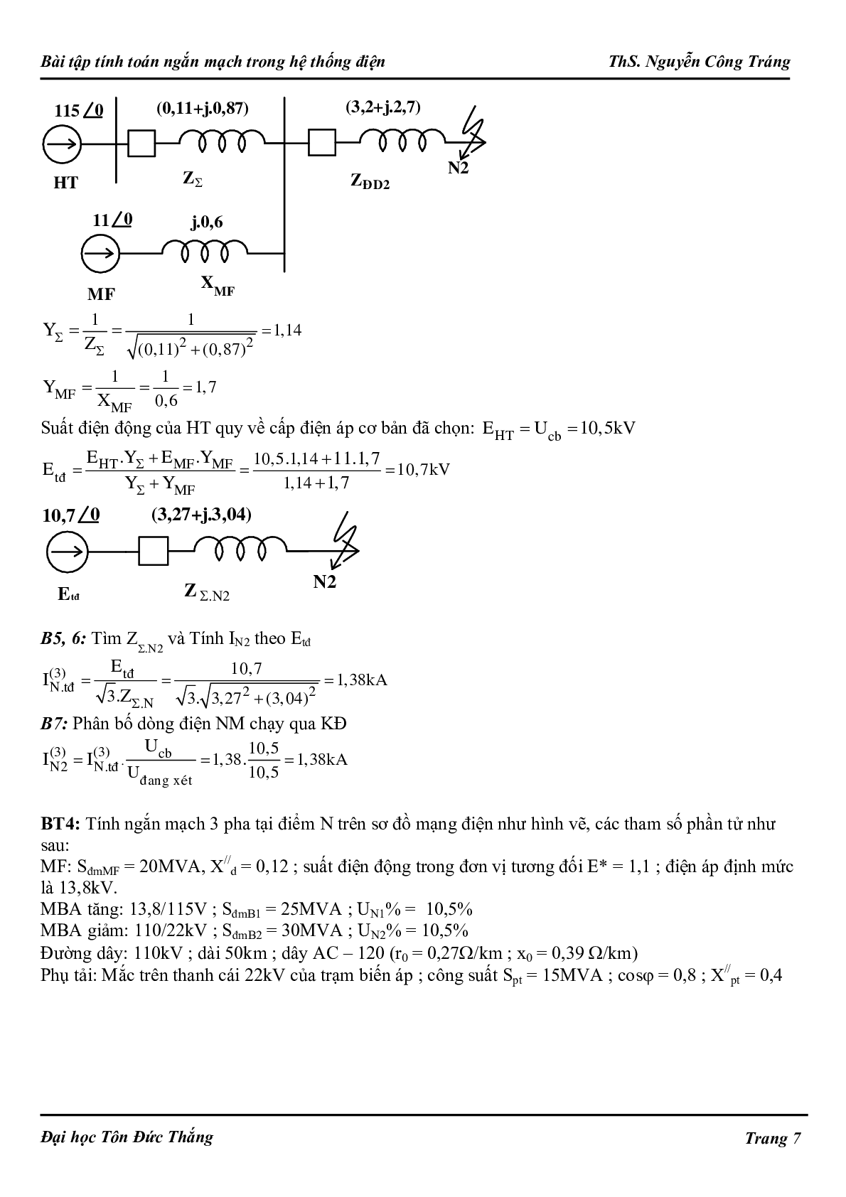 Ngân hàng bài tập Tính toán ngắn mạch trong hệ thống điện (có lời giải) hay, hấp dẫn nhất (trang 7)