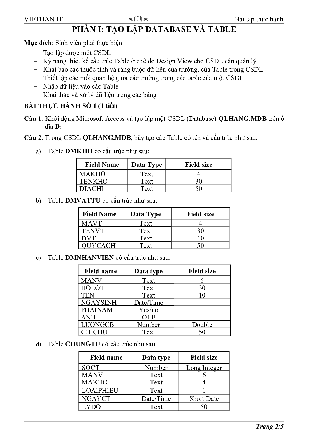 Bài tập thực hành Access 2003 | Tin học đại cương (trang 2)