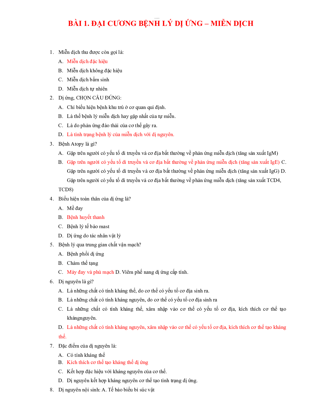 Ngân hàng câu hỏi trắc nghiệm môn Bệnh học nội khoa (có đáp án) | Trường Đại học Y khoa Phạm Ngọc Thạch (trang 1)