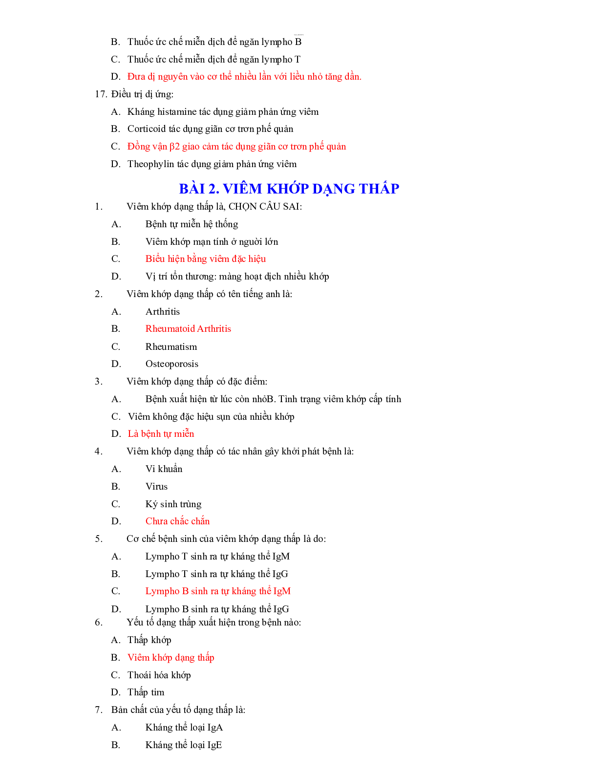 Ngân hàng câu hỏi trắc nghiệm môn Bệnh học nội khoa (có đáp án) | Trường Đại học Y khoa Phạm Ngọc Thạch (trang 3)