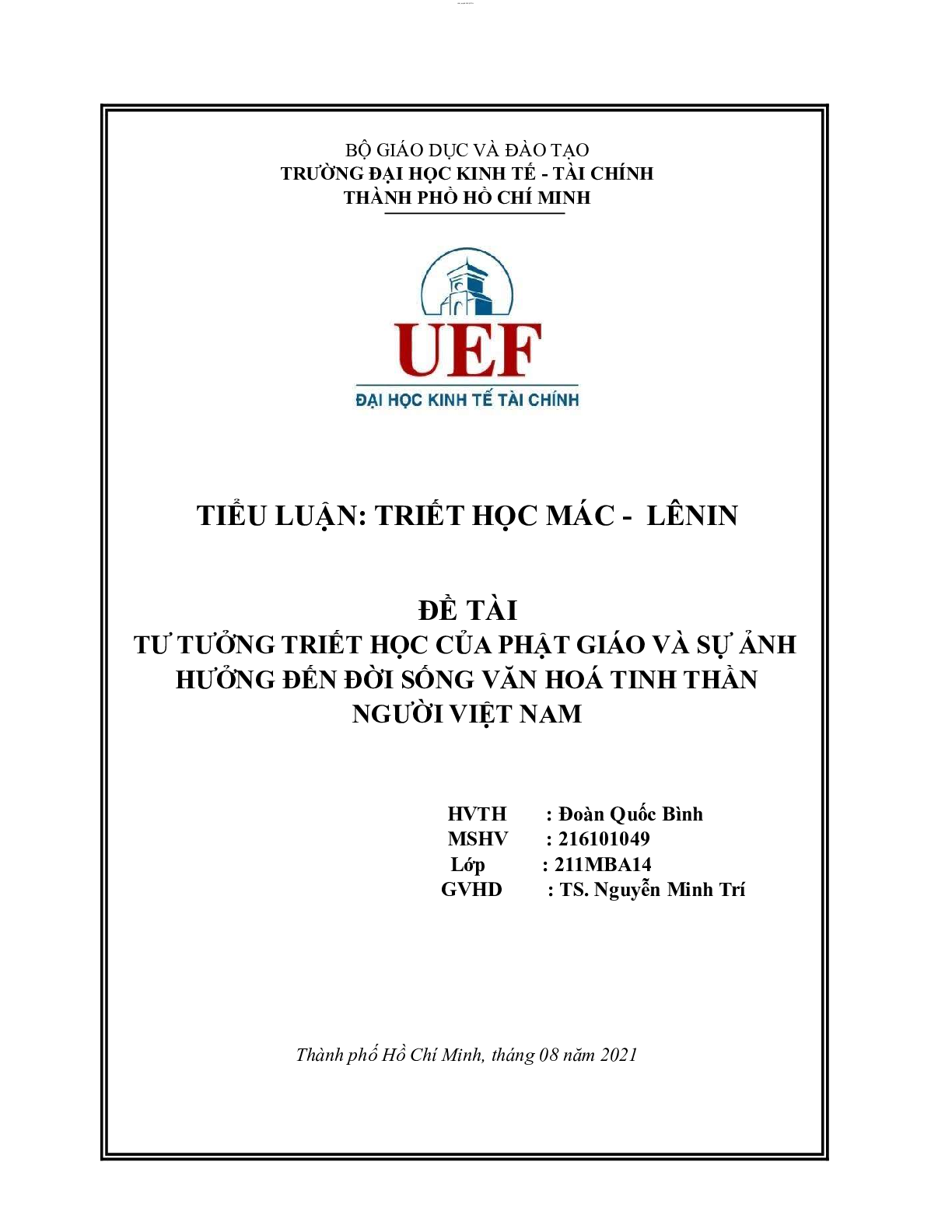 Tiểu luận: Triết học Phật giáo và sự ảnh hưởng đến đời sống văn hoá tinh thần người Việt Nam | Triết học Mác - Lênin | UEF (trang 1)