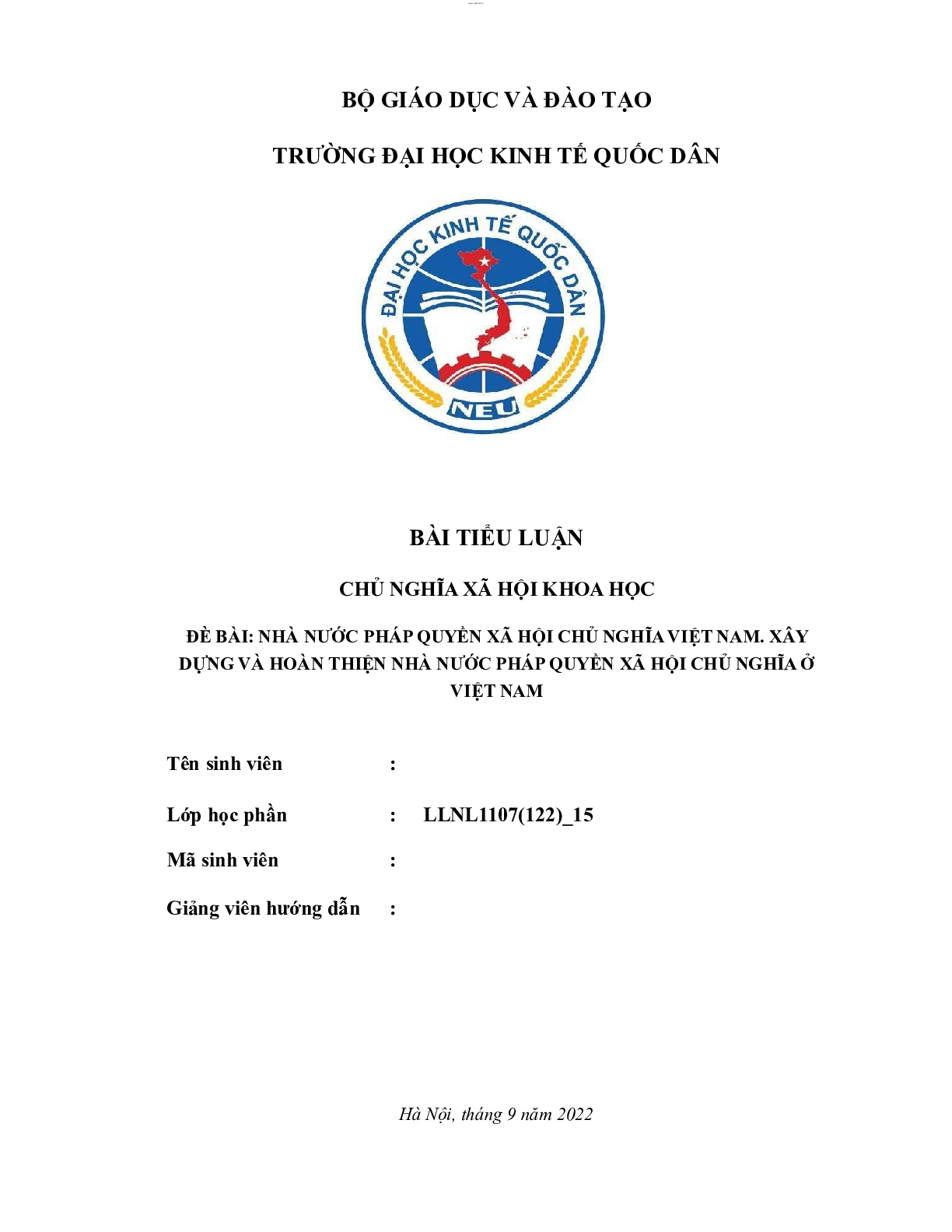 Xây dựng nhà nước pháp quyền Xã hội chủ nghĩa Việt Nam | Tiểu luận môn Chủ nghĩa xã hội khoa học | NEU (trang 1)