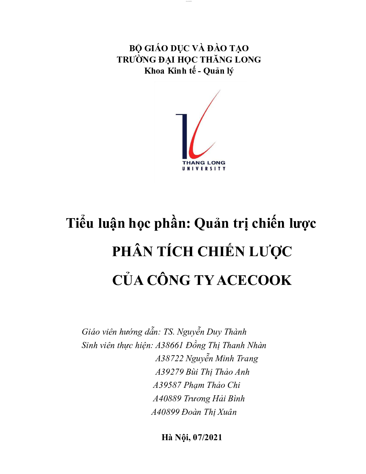 Phân tích chiến lược của công ty Acebook | Tiểu luận môn Quản trị chiến lược | Trường Đại học Thăng Long (trang 1)