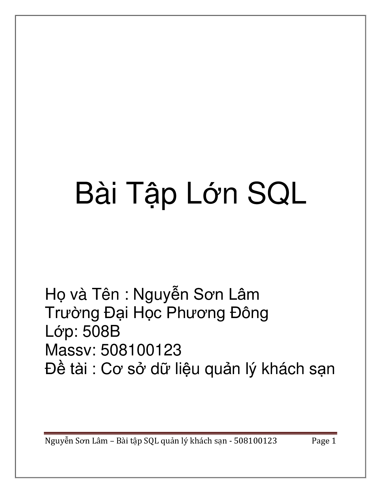 Bài tập lớn Cơ sở dữ liệu quản lý khách sạn | Trường Đại Học Phương Đông (trang 1)