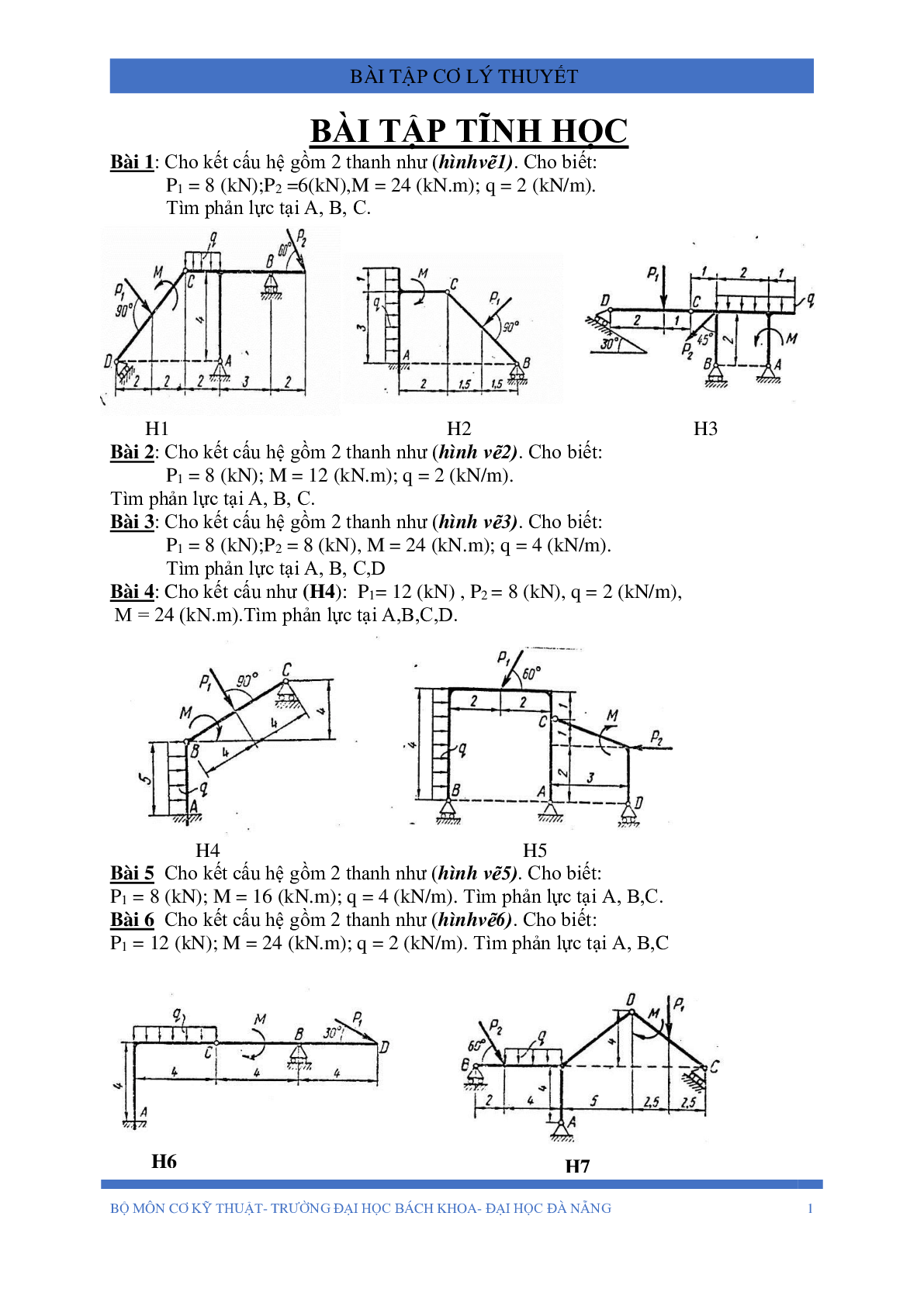 Ngân hàng bài tập môn Cơ lý thuyết | Trường Đại học Bách khoa, Đại học Đà Nẵng (trang 1)