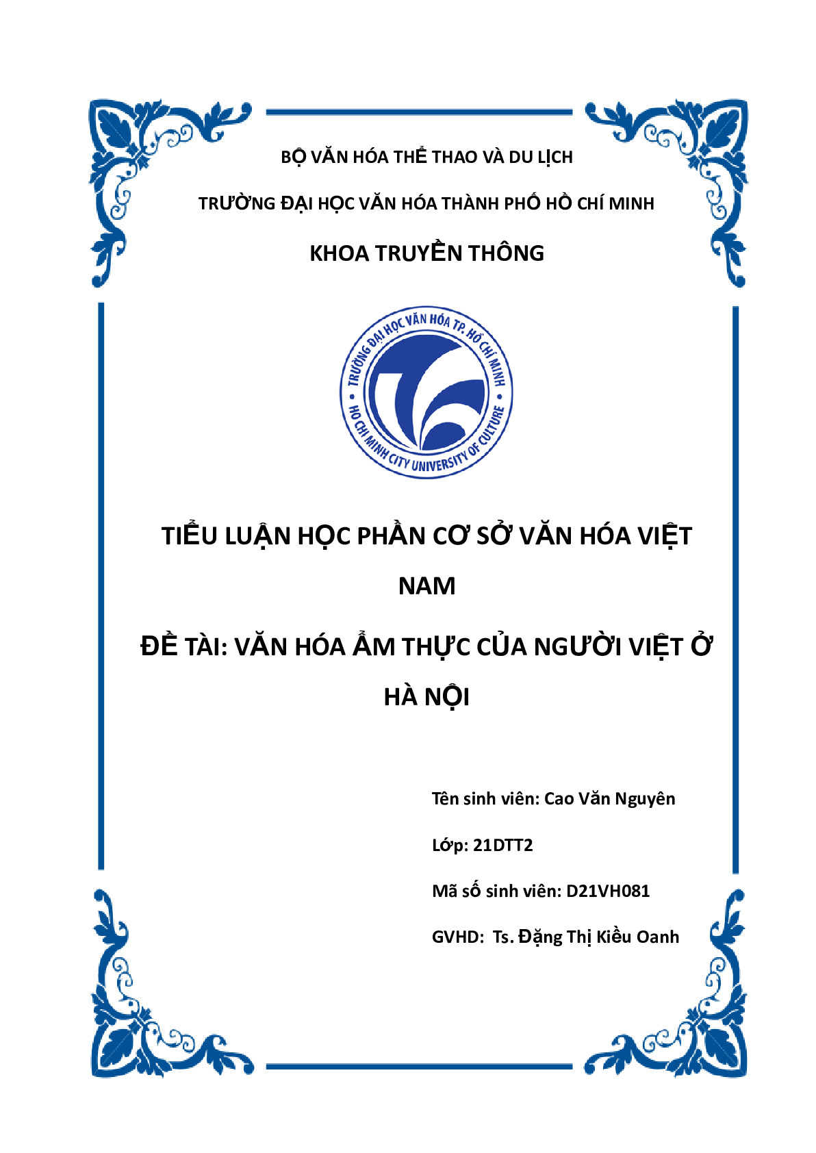 Văn hóa ẩm thực của người Việt ở Hà Nội | Tiểu luận môn Cơ sở Văn hóa Việt Nam | Trường Đại học văn hóa Thành phố Hồ Chí Minh (trang 1)